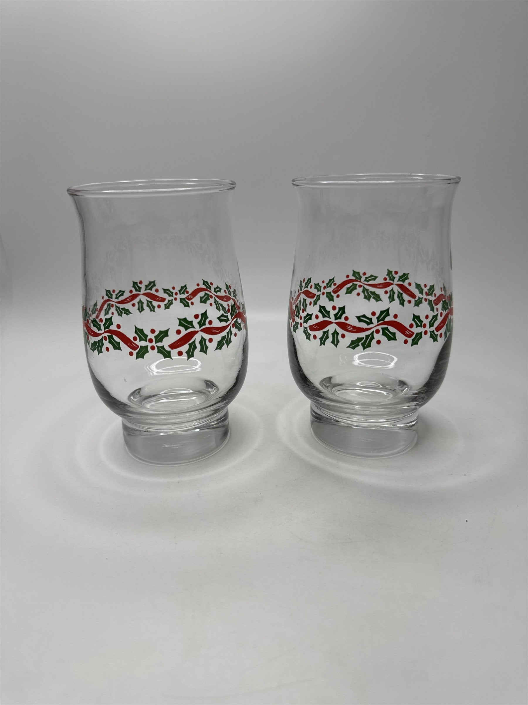 Set 2 Vintage Libbey Holly Ribbon Christmas Glasses Tumblers Holiday