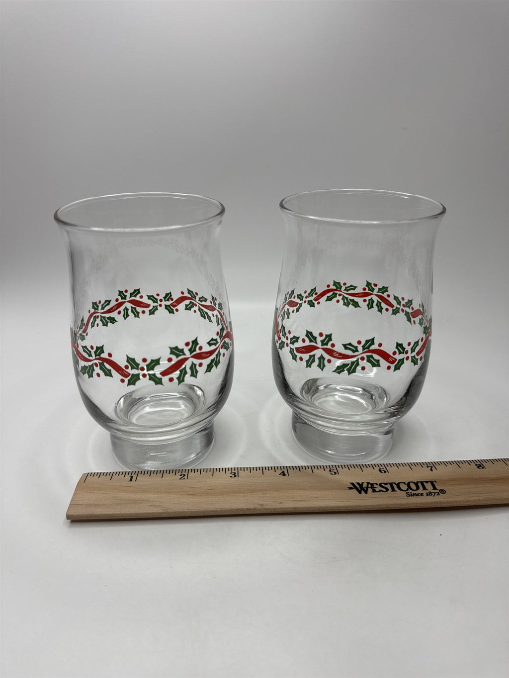 Set 2 Vintage Libbey Holly Ribbon Christmas Glasses Tumblers Holiday