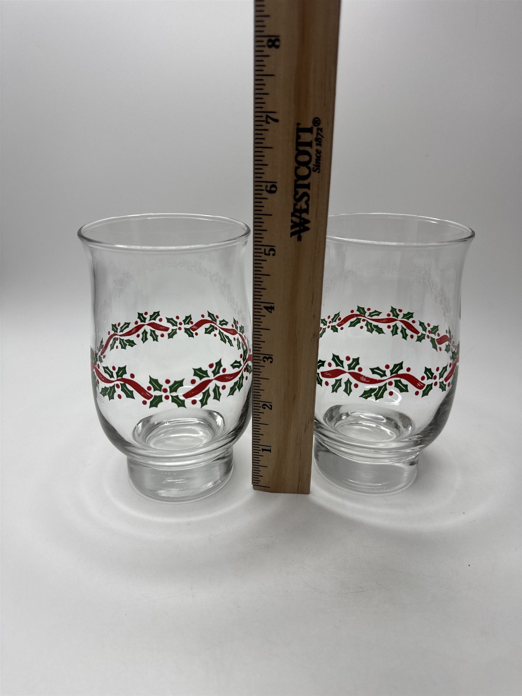 Set 2 Vintage Libbey Holly Ribbon Christmas Glasses Tumblers Holiday