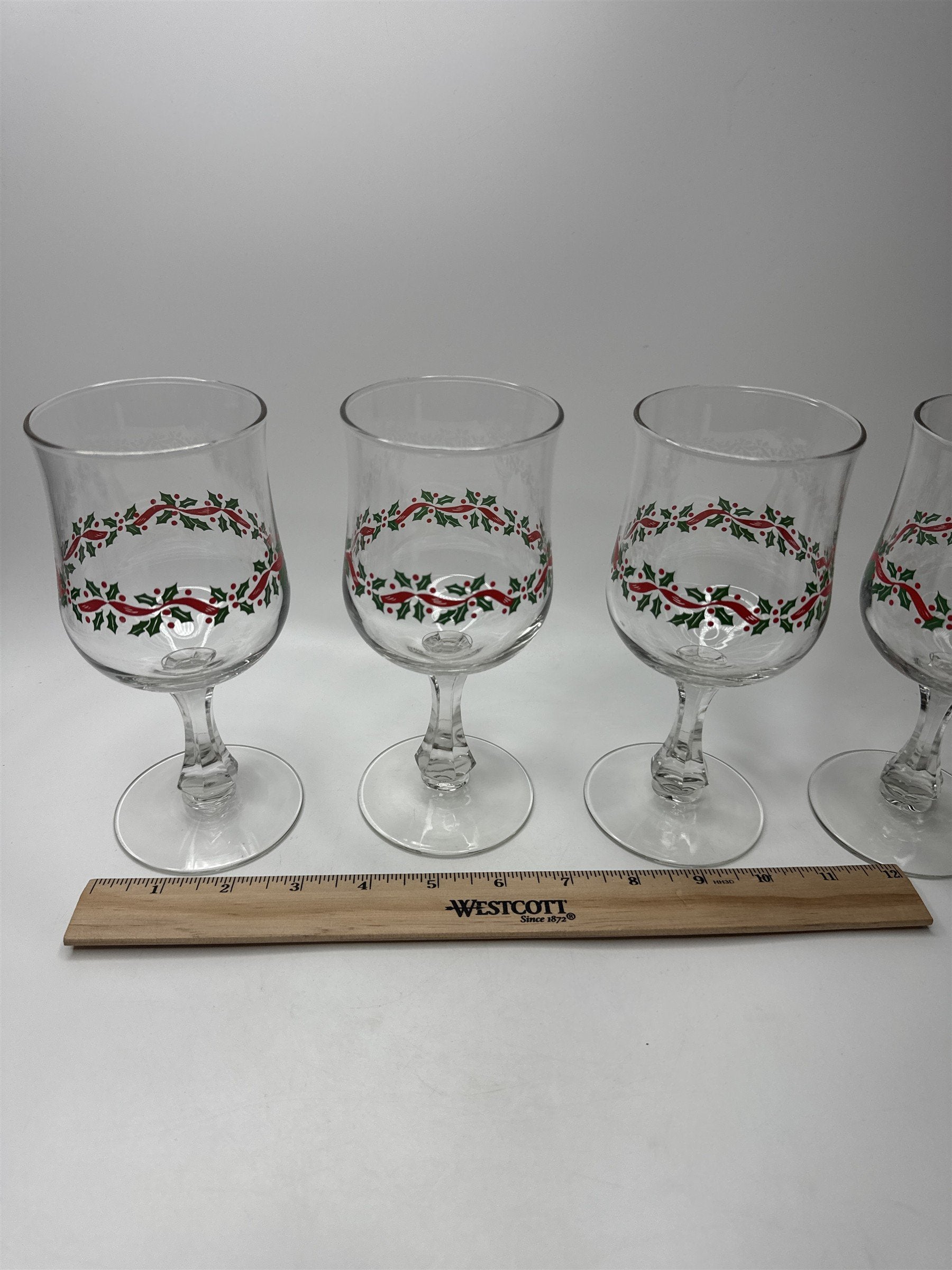 Set of 4 Vintage Libbey Holly Ribbon Wine Glasses Goblets Christmas Holiday