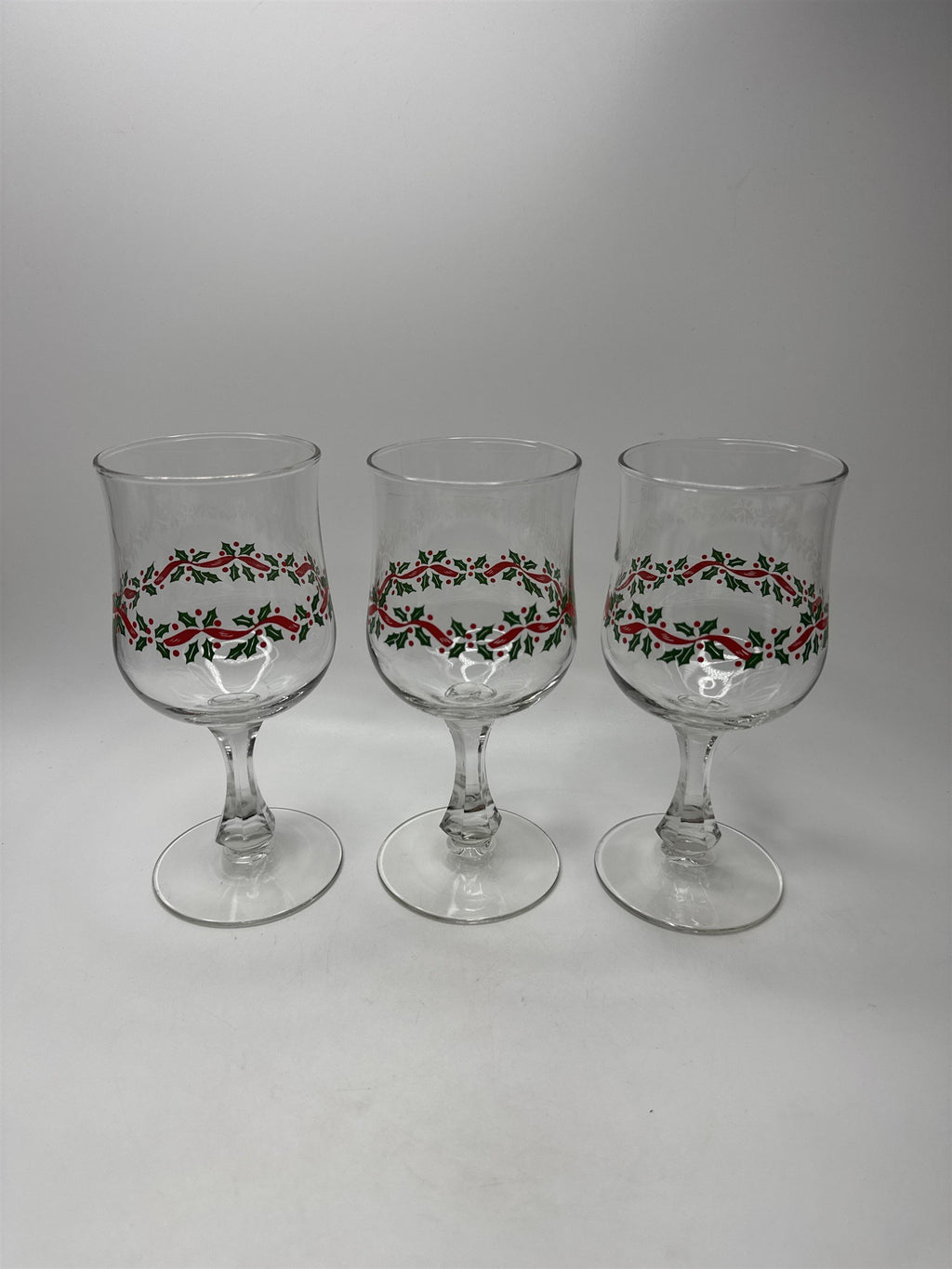 Set of 3 Vintage Libbey Holly Ribbon Wine Glasses Goblets Christmas Holiday