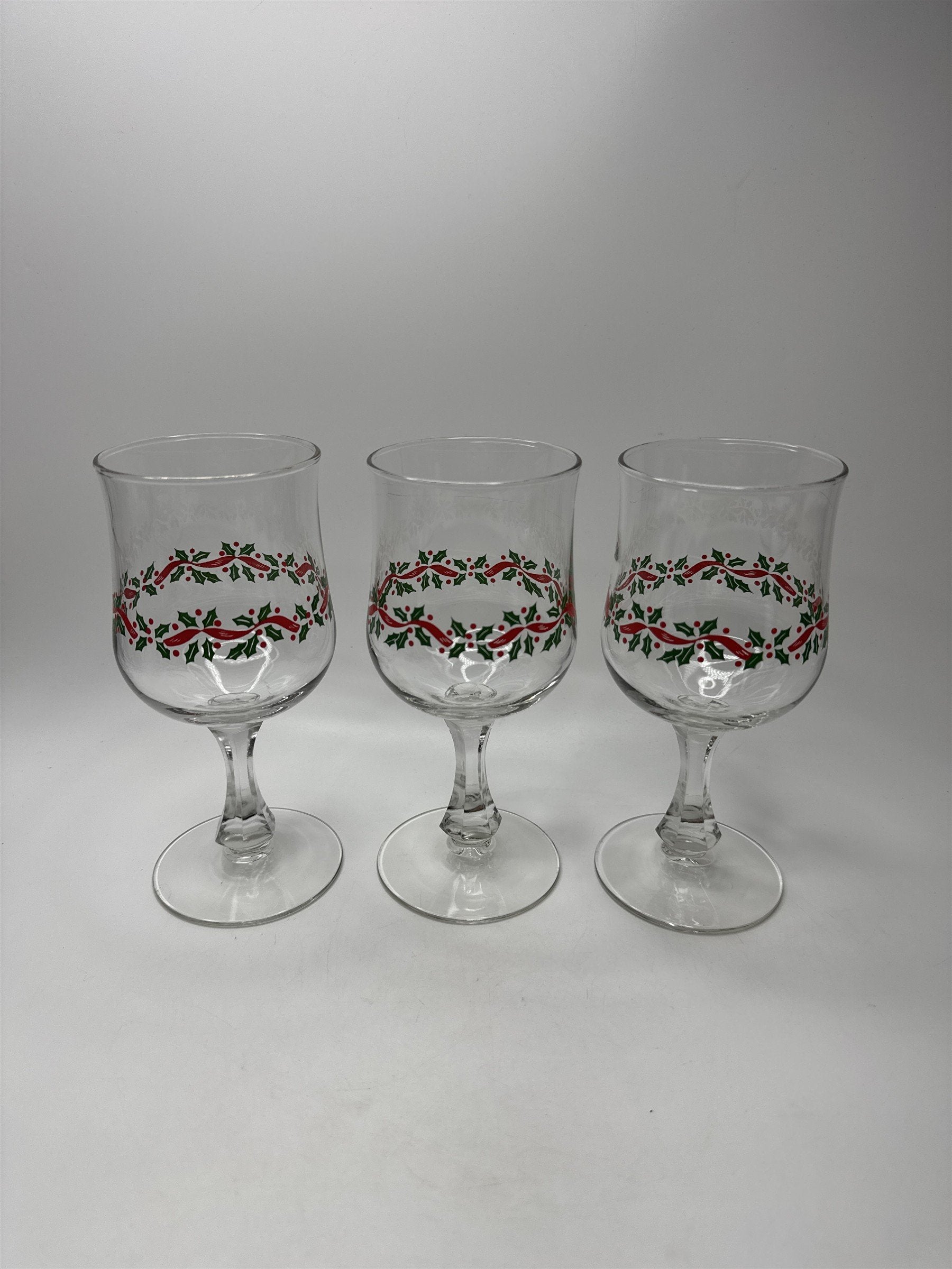 Set of 3 Vintage Libbey Holly Ribbon Wine Glasses Goblets Christmas Holiday