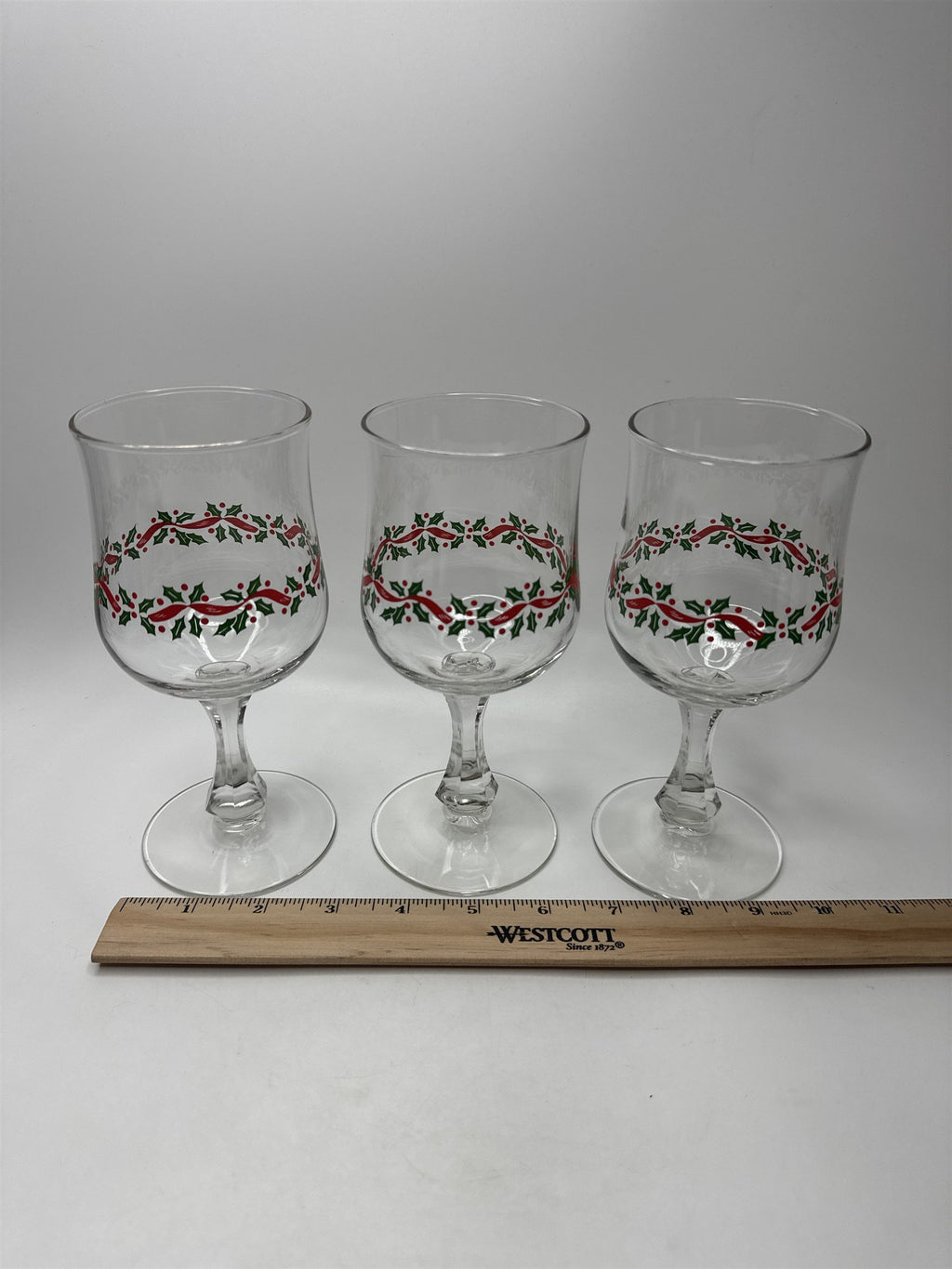 Set of 3 Vintage Libbey Holly Ribbon Wine Glasses Goblets Christmas Holiday