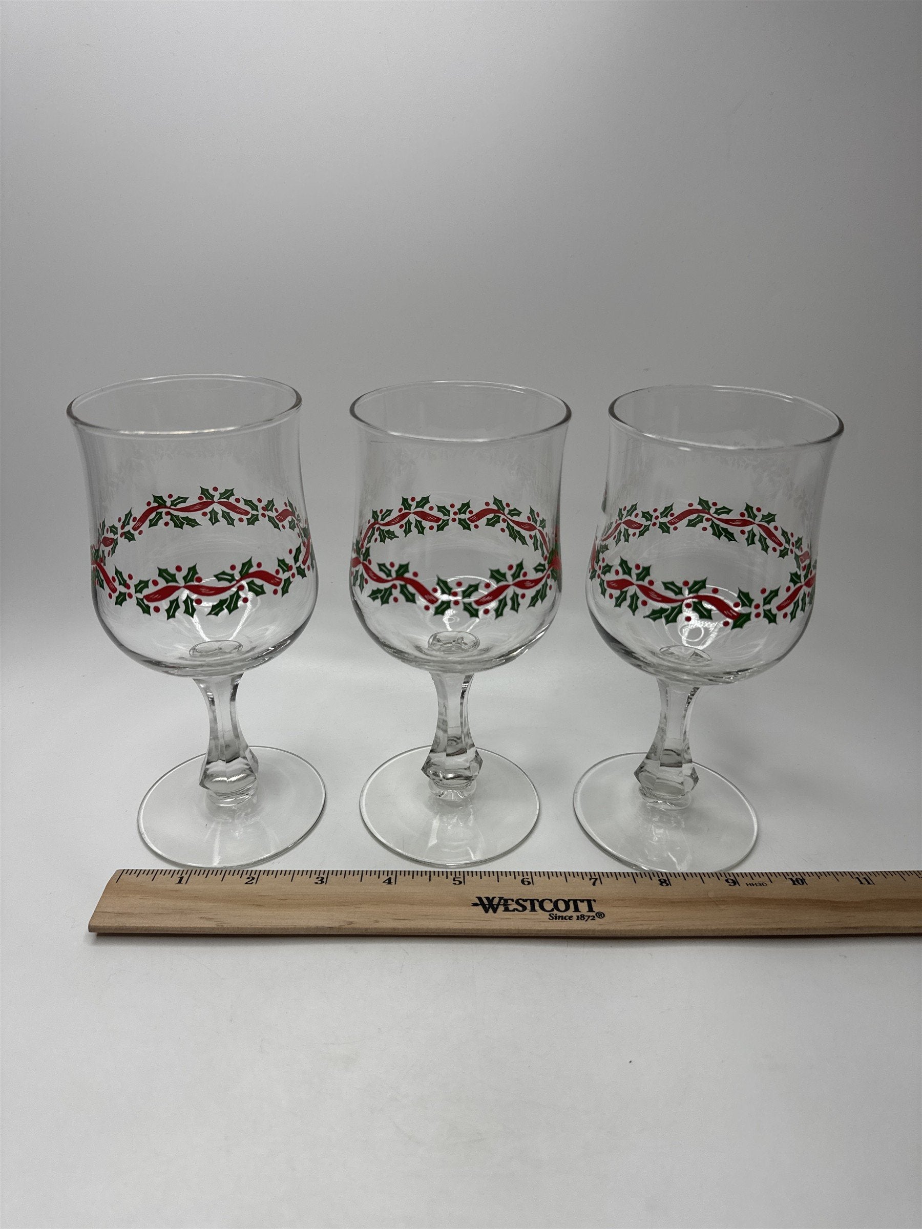 Set of 3 Vintage Libbey Holly Ribbon Wine Glasses Goblets Christmas Holiday