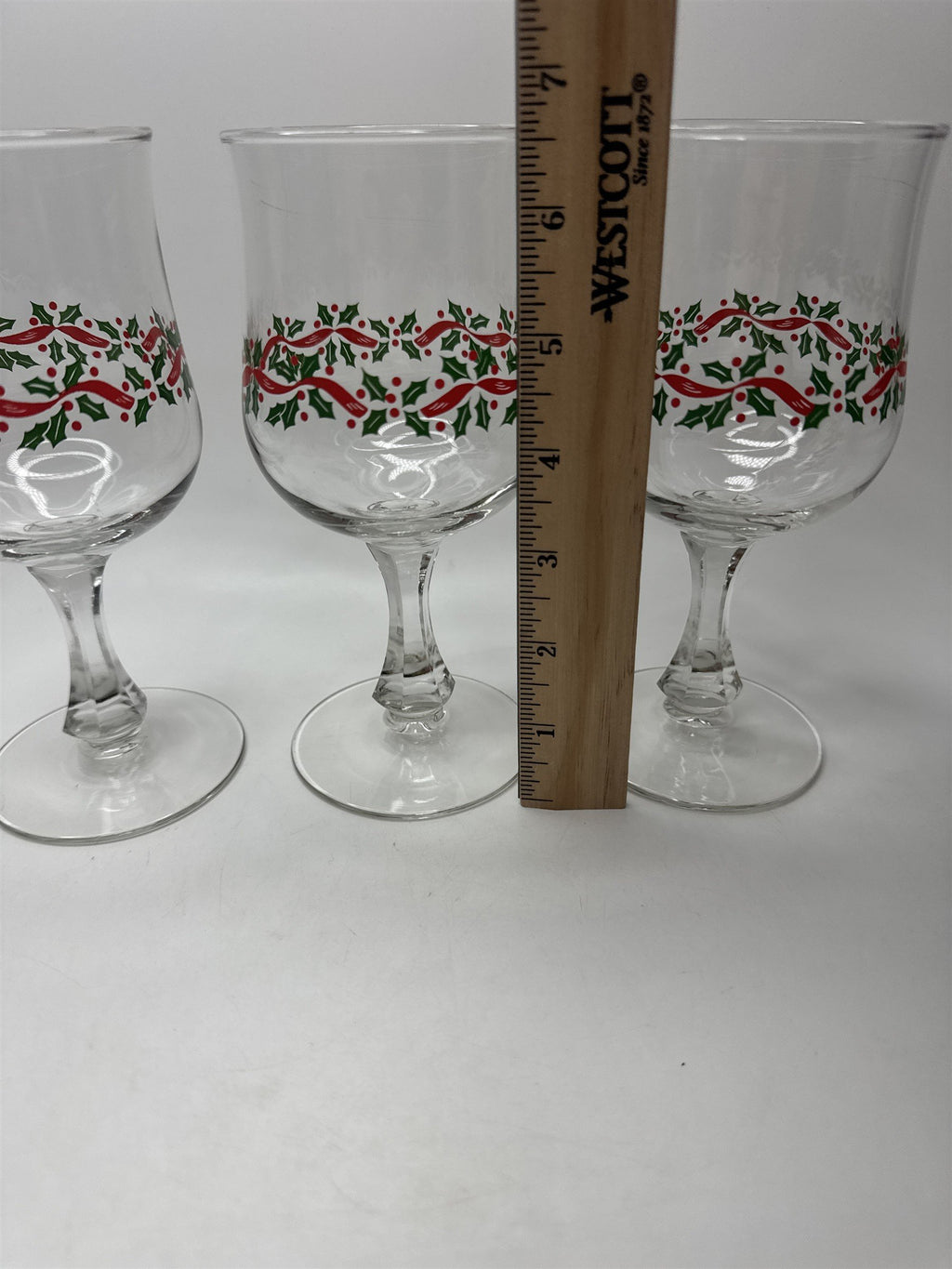 Set of 3 Vintage Libbey Holly Ribbon Wine Glasses Goblets Christmas Holiday