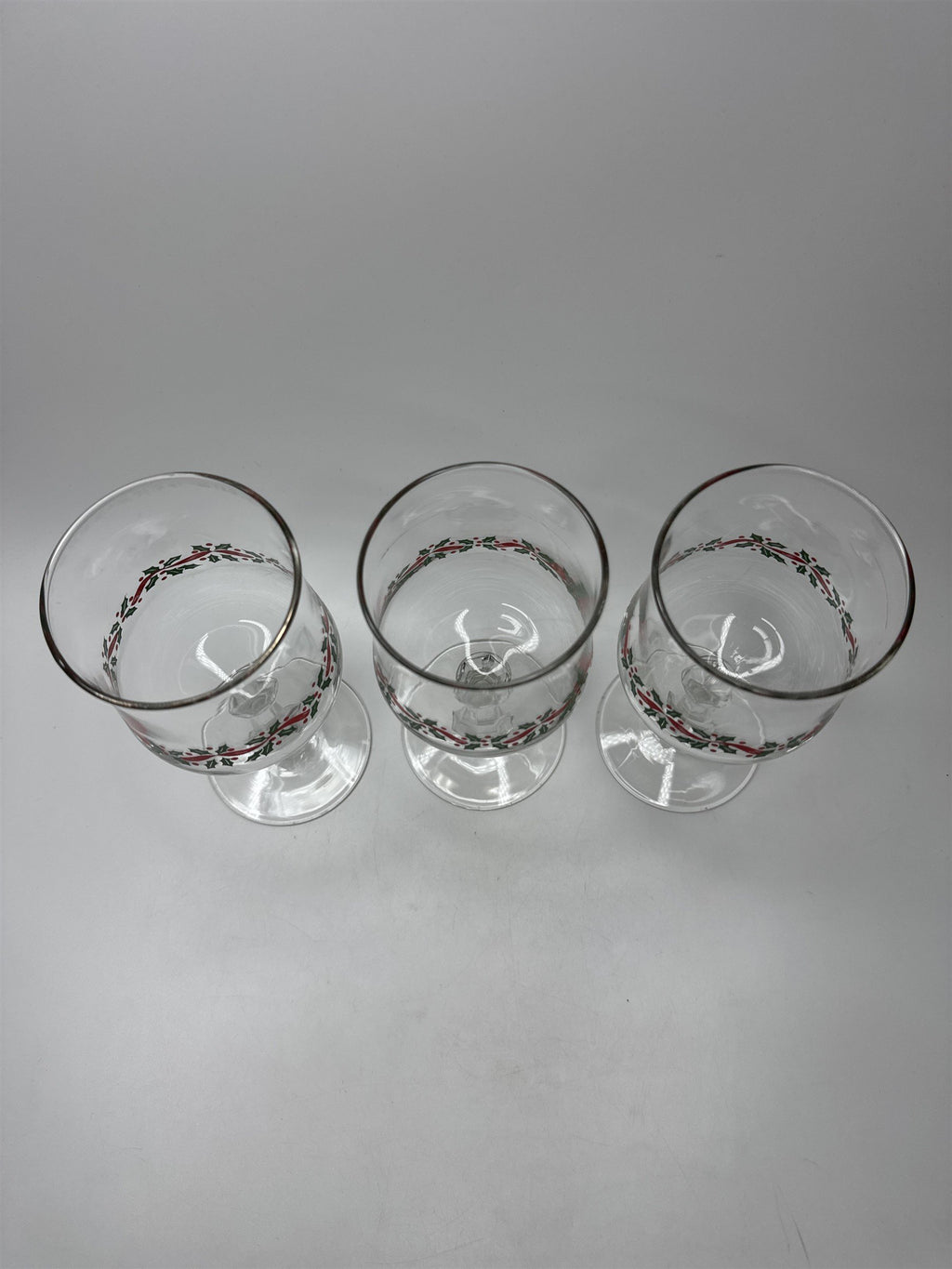 Set of 3 Vintage Libbey Holly Ribbon Wine Glasses Goblets Christmas Holiday
