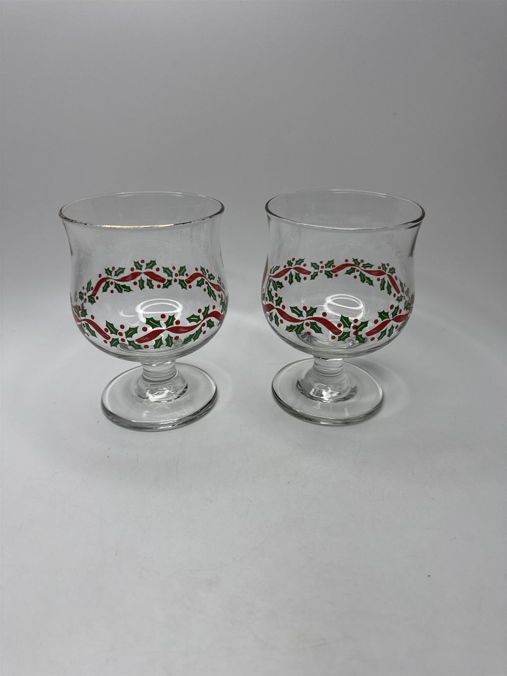 Vintage Libbey Set 2 Holly Berry Lowball Goblets Christmas Holiday Stemware