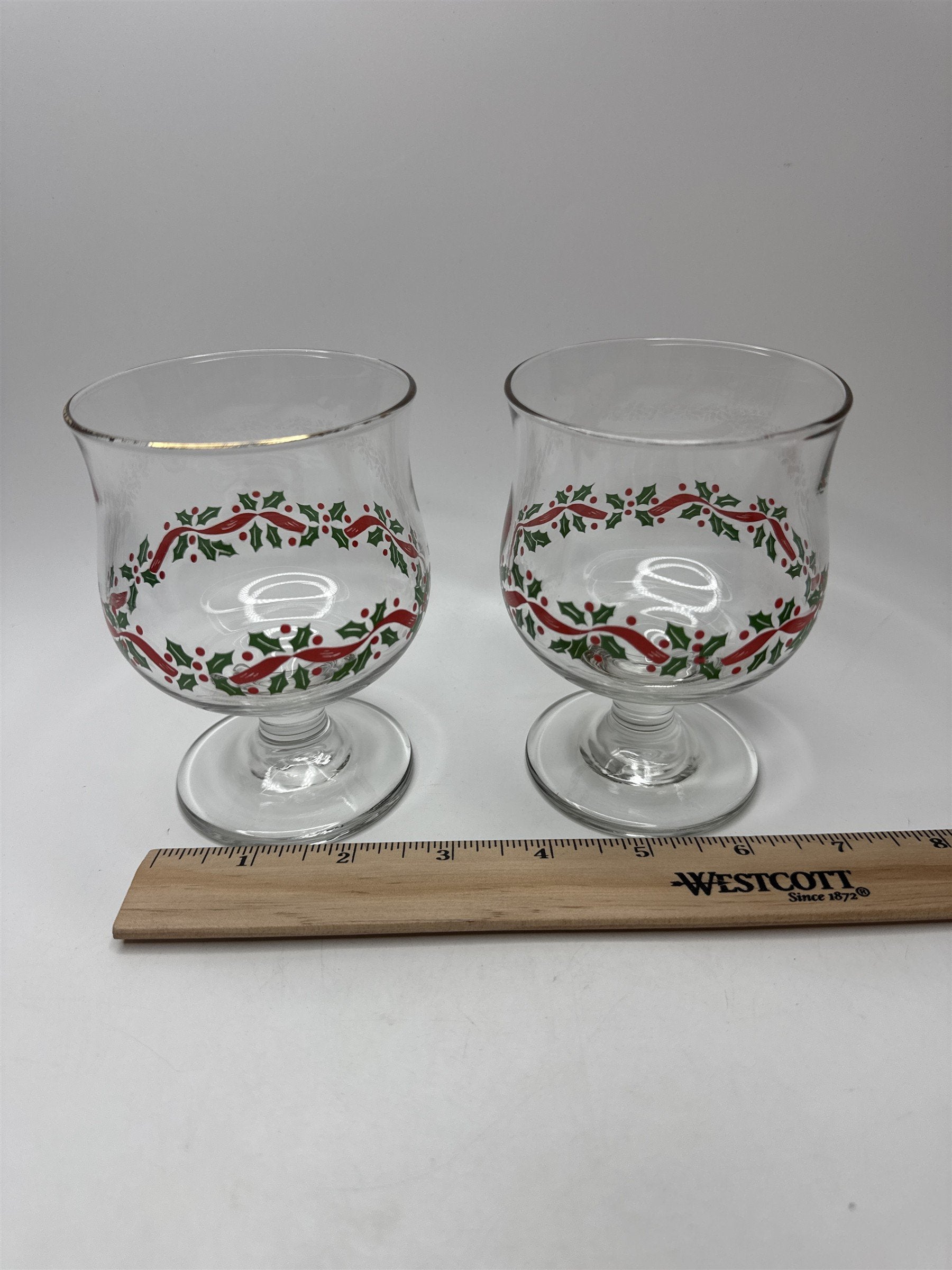 Vintage Libbey Set 2 Holly Berry Lowball Goblets Christmas Holiday Stemware