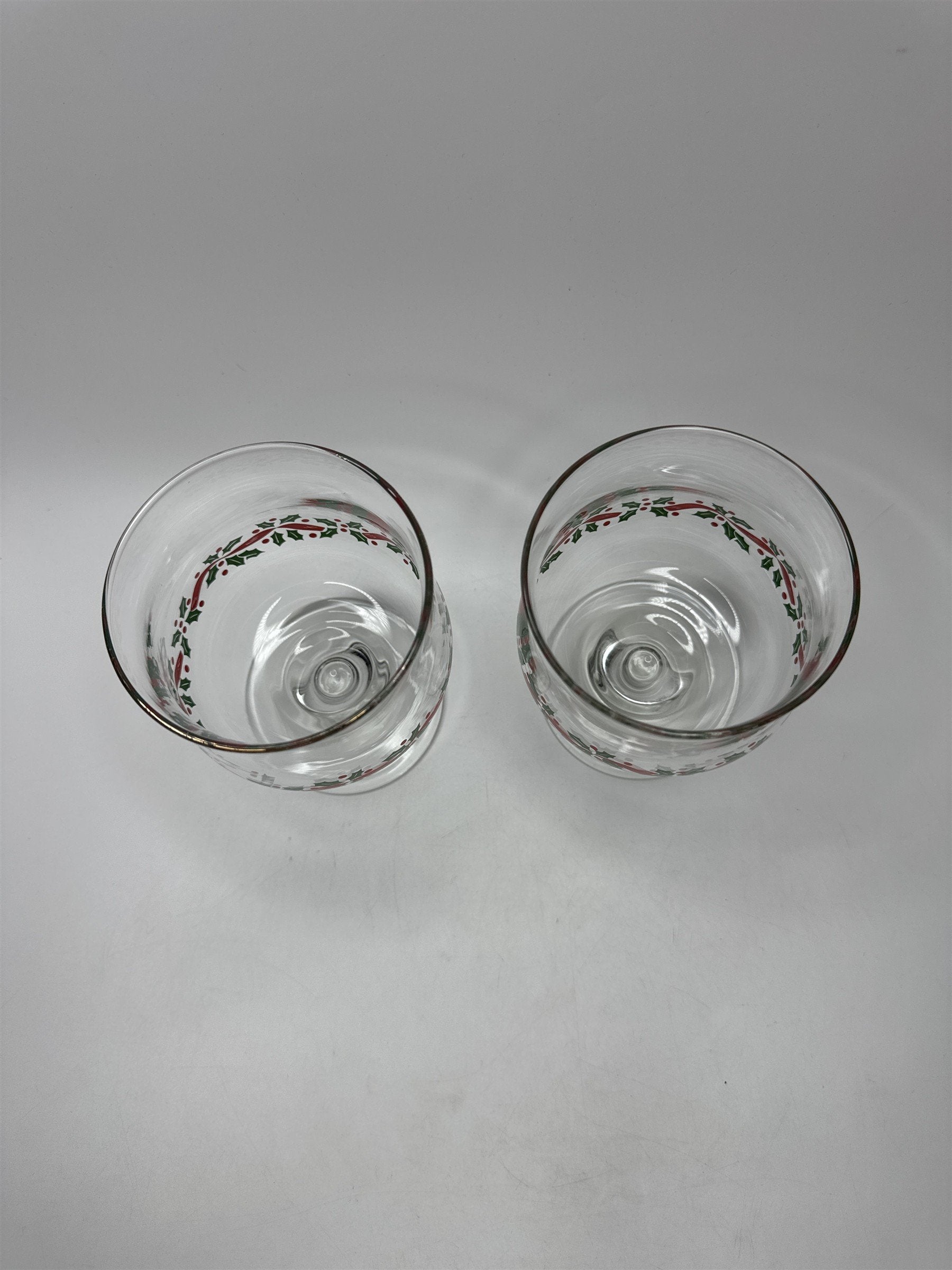 Vintage Libbey Set 2 Holly Berry Lowball Goblets Christmas Holiday Stemware