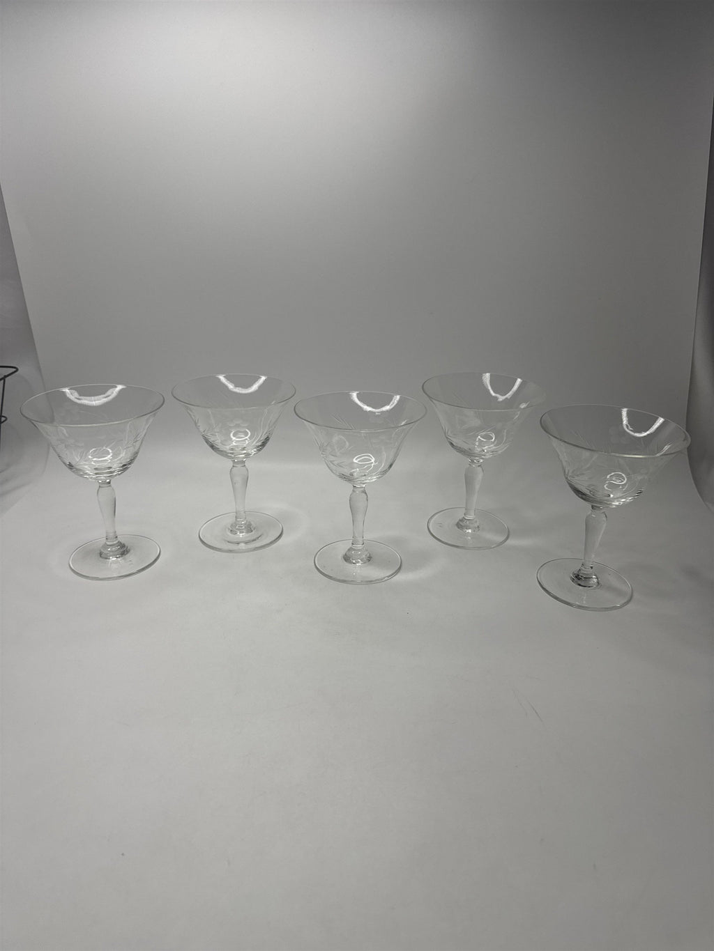 Vintage Set 5 Floral Etched Goblets Depression Glass Champagne Sherbet Coupe