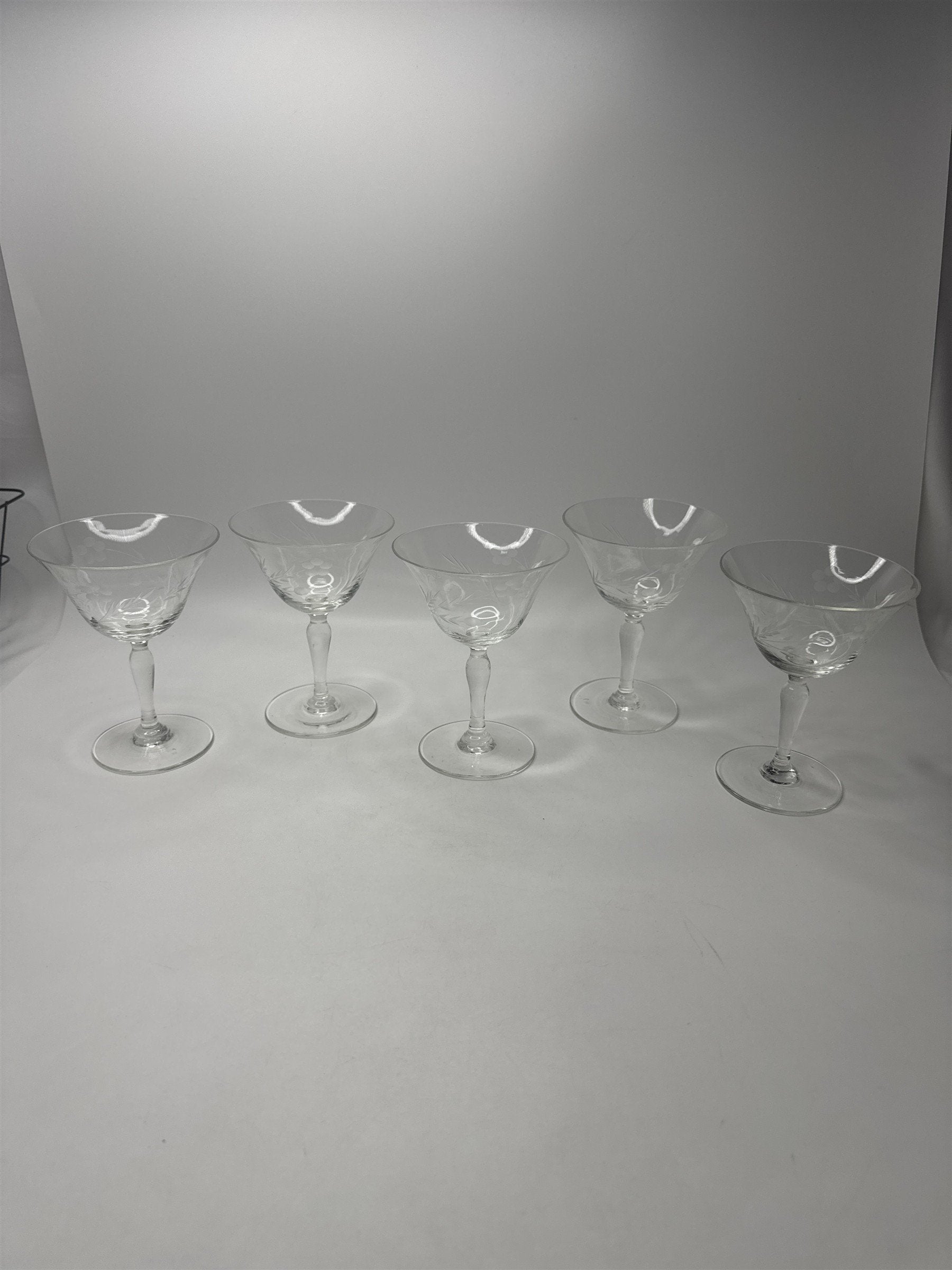 Vintage Set 5 Floral Etched Goblets Depression Glass Champagne Sherbet Coupe