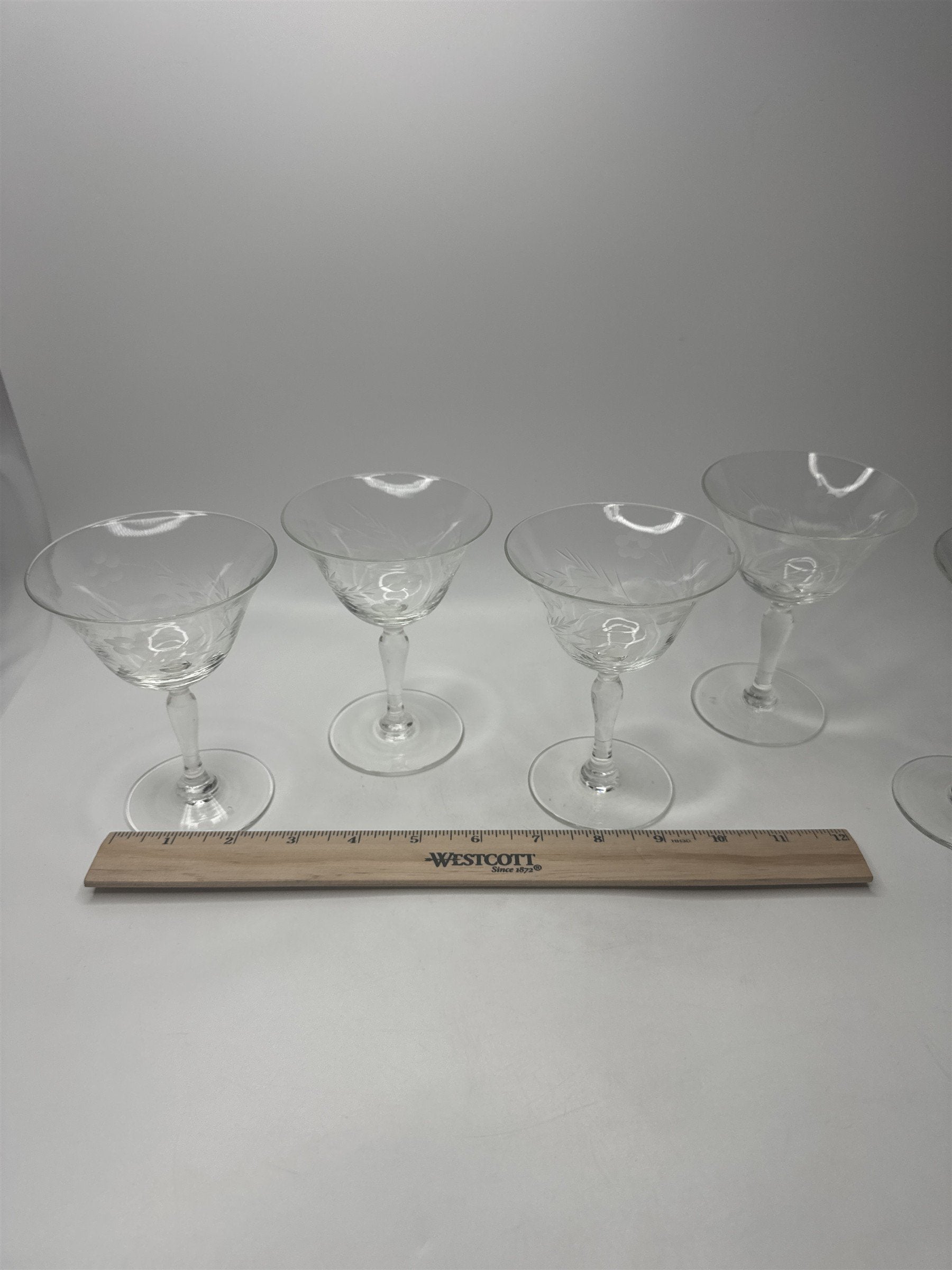 Vintage Set 5 Floral Etched Goblets Depression Glass Champagne Sherbet Coupe