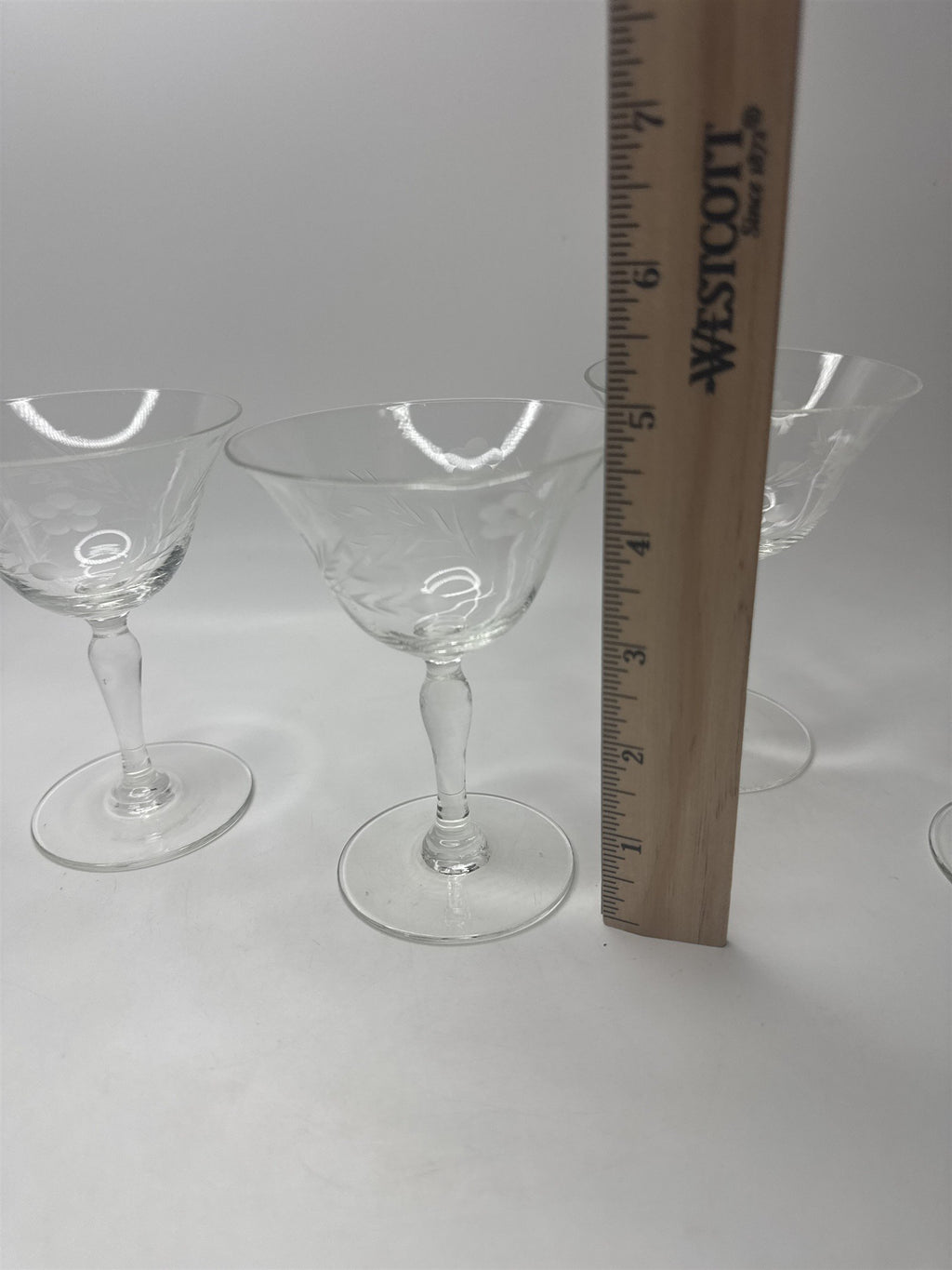 Vintage Set 5 Floral Etched Goblets Depression Glass Champagne Sherbet Coupe