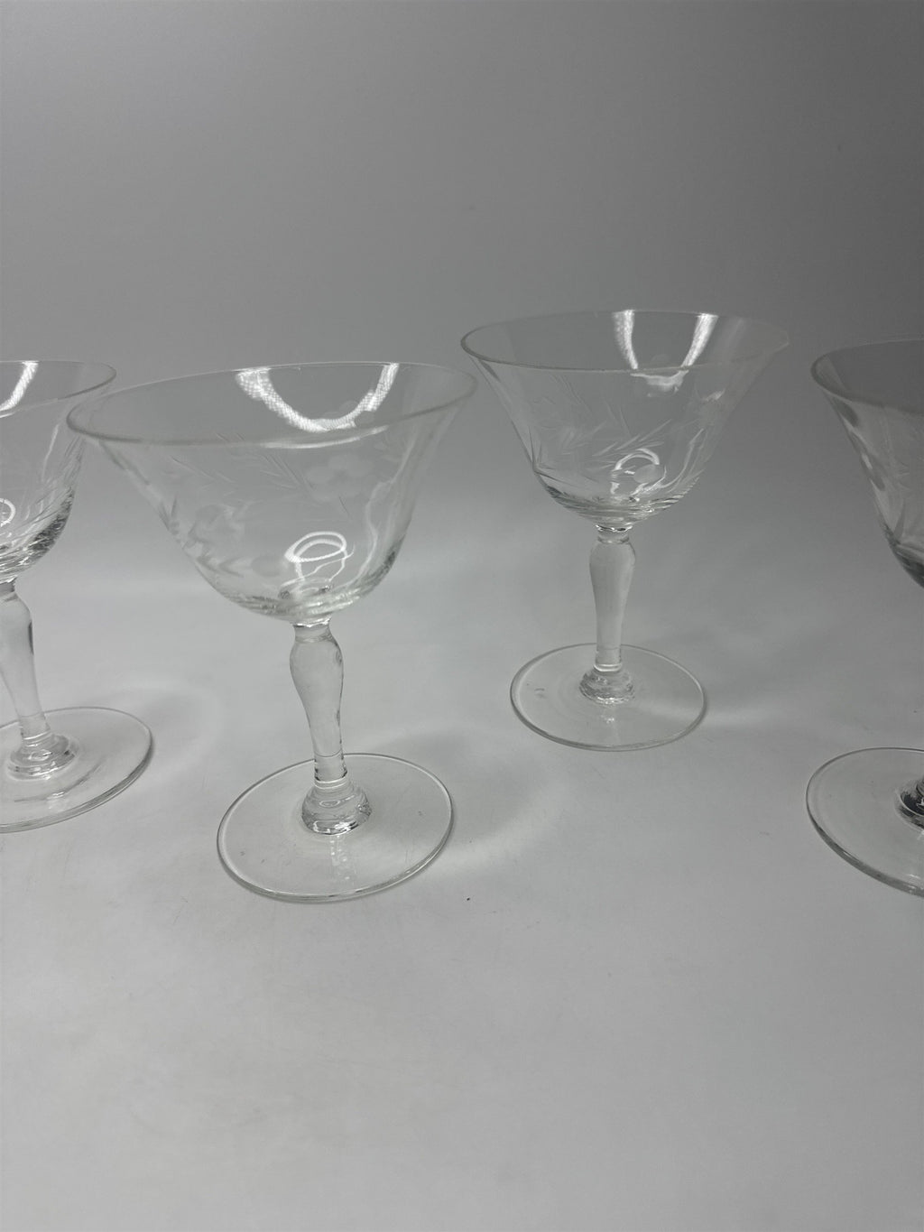 Vintage Set 5 Floral Etched Goblets Depression Glass Champagne Sherbet Coupe