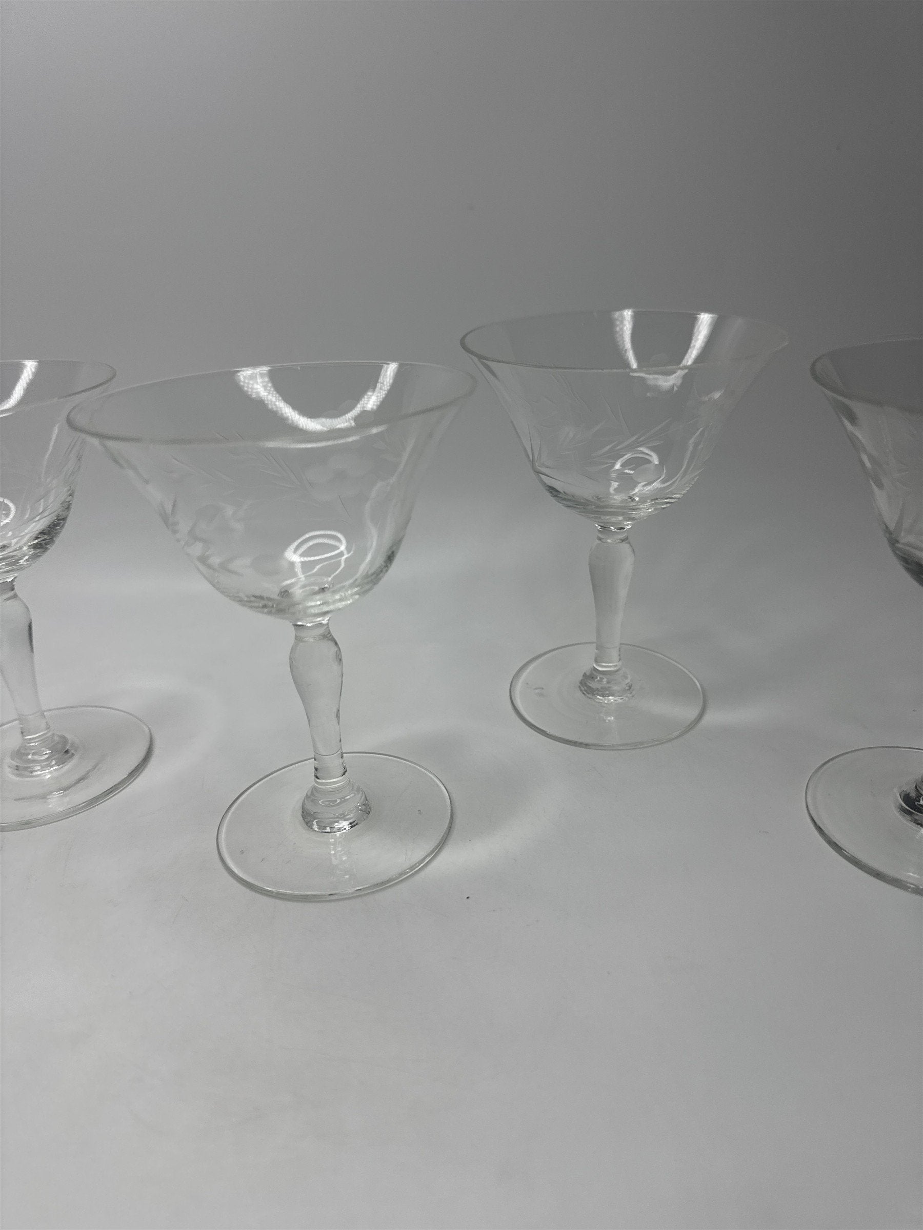 Vintage Set 5 Floral Etched Goblets Depression Glass Champagne Sherbet Coupe