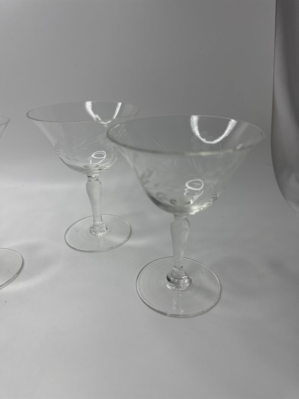 Vintage Set 5 Floral Etched Goblets Depression Glass Champagne Sherbet Coupe