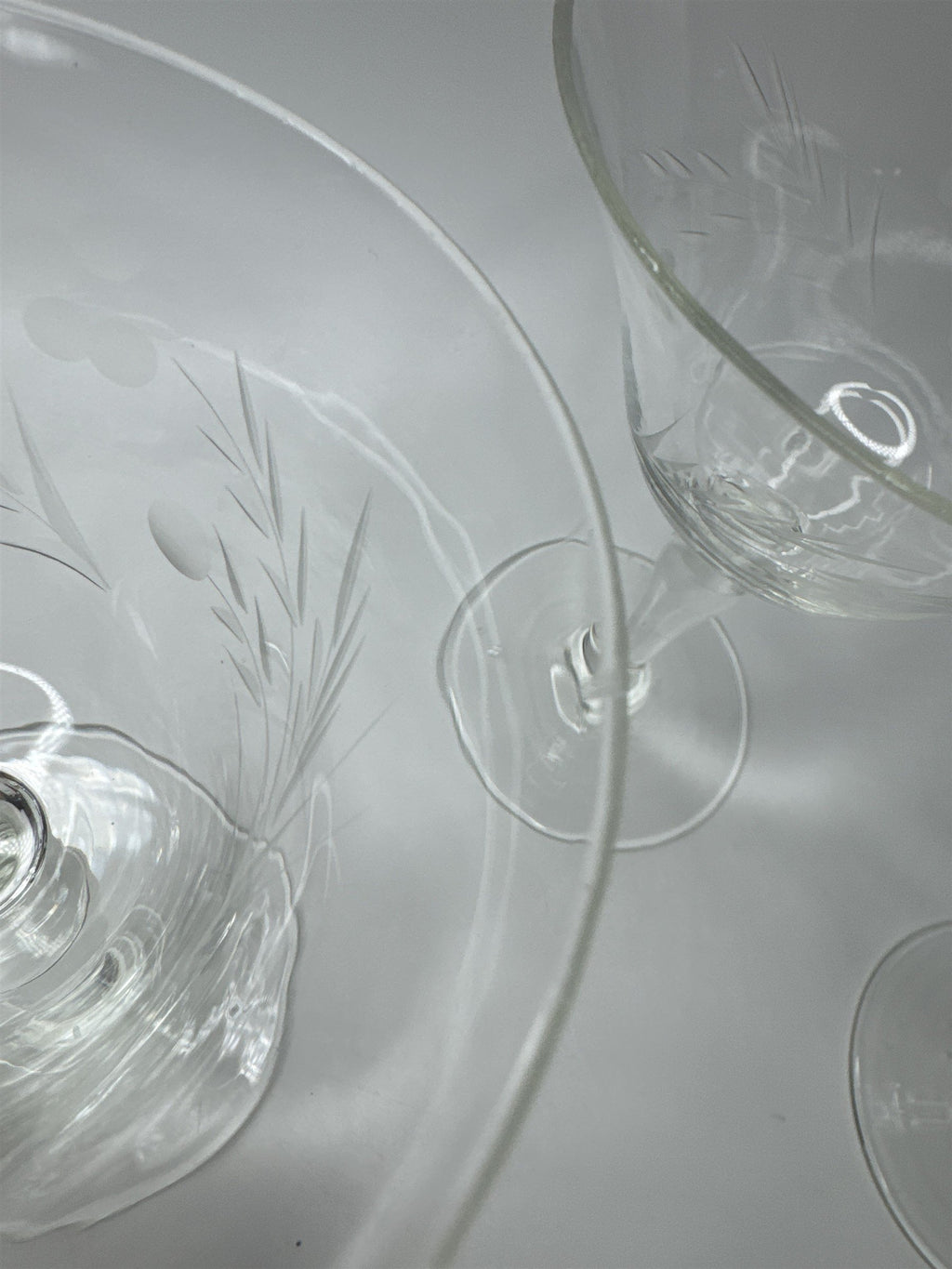 Vintage Set 5 Floral Etched Goblets Depression Glass Champagne Sherbet Coupe