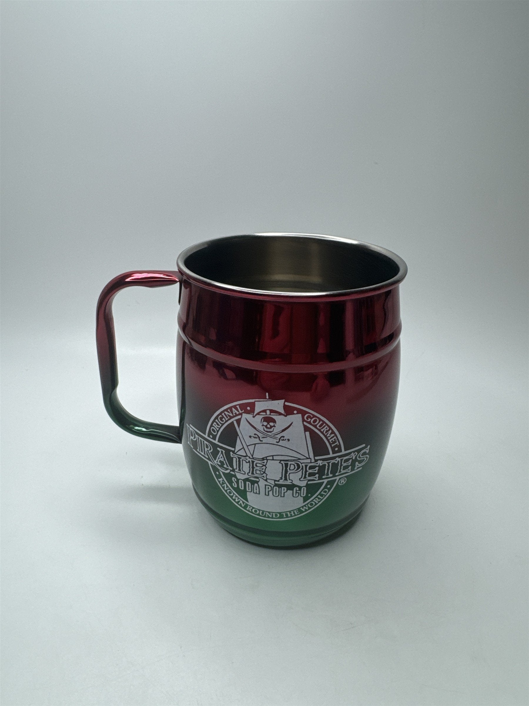 Vintage Pirate Pete's Soda Pop Mug Red Green Ombre Metal Jolly Roger Tankard