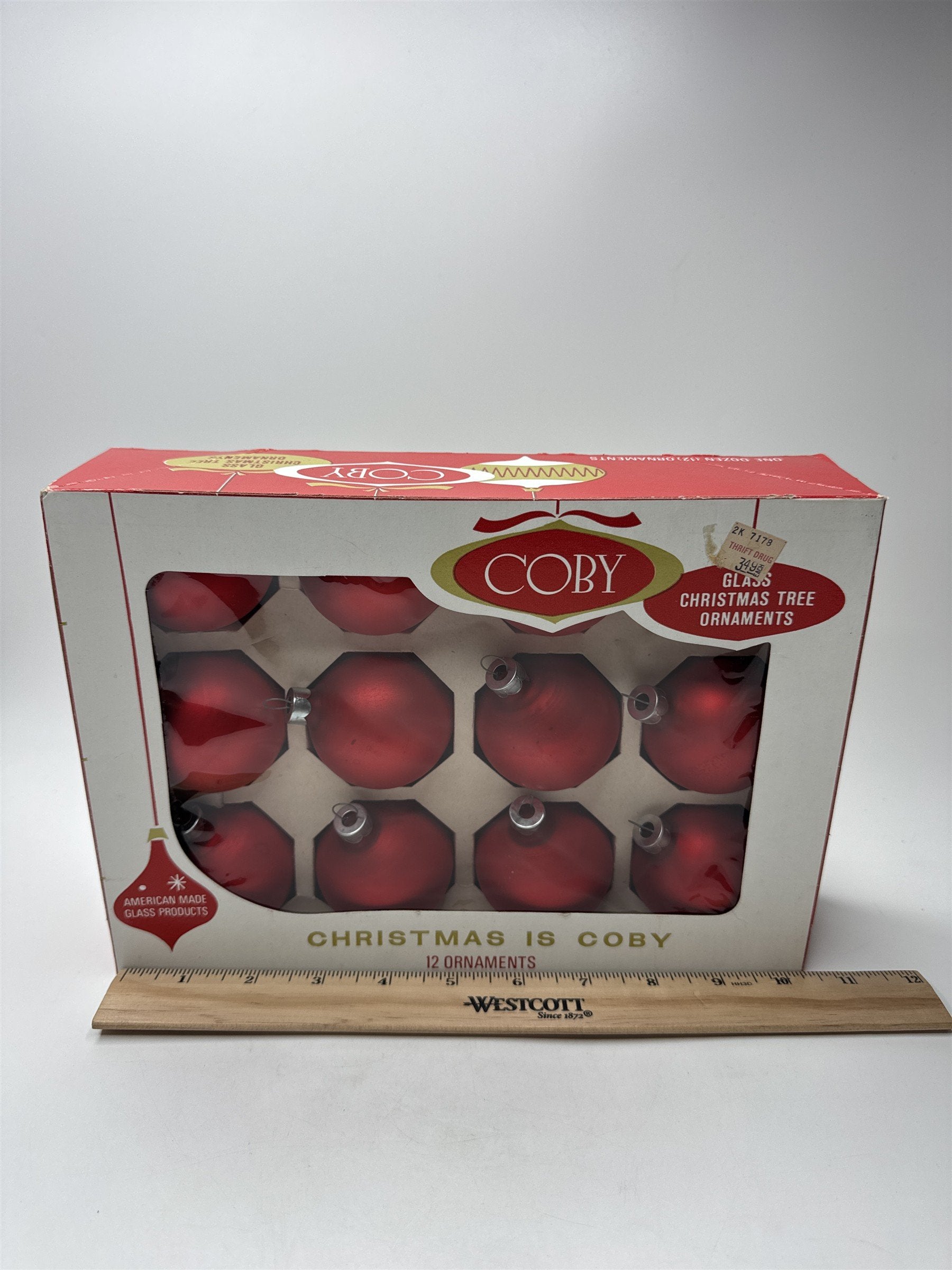 Vintage Coby Set 12 Red Satin Glass Circle Ornaments USA Box