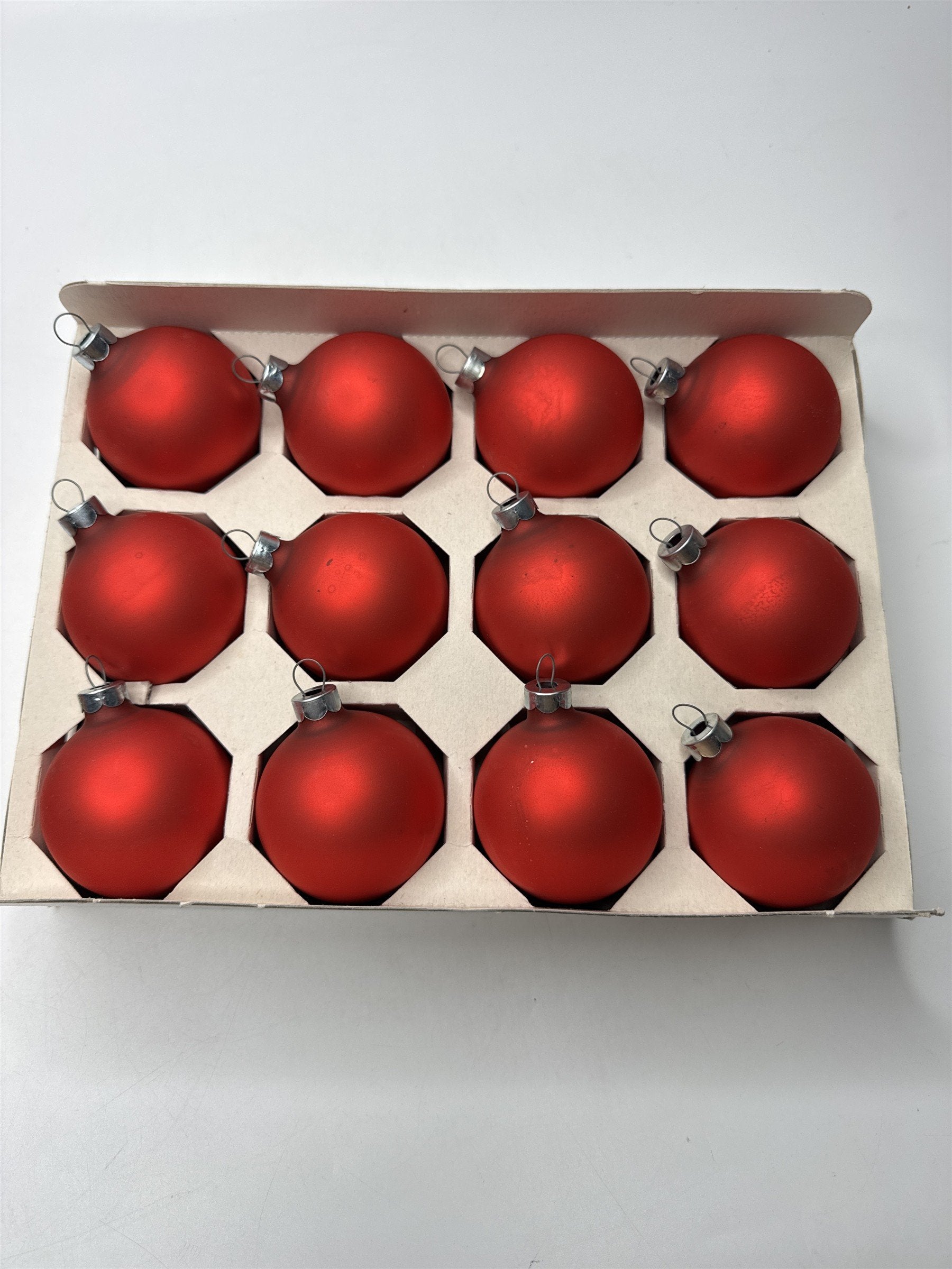 Vintage Coby Set 12 Red Satin Glass Circle Ornaments USA Box