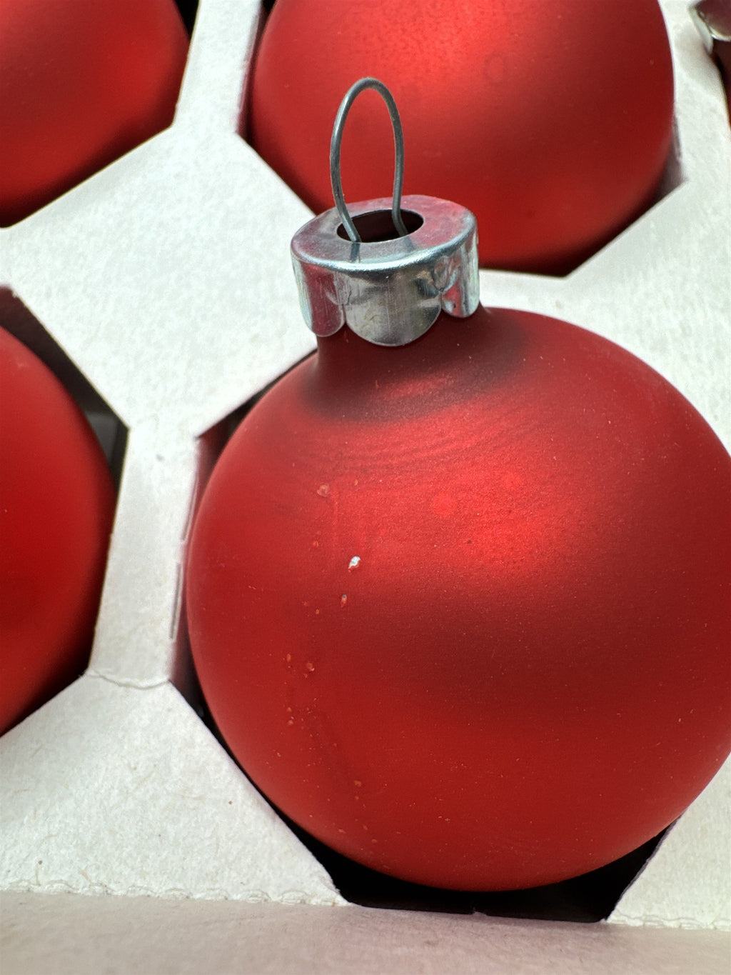 Vintage Coby Set 12 Red Satin Glass Circle Ornaments USA Box