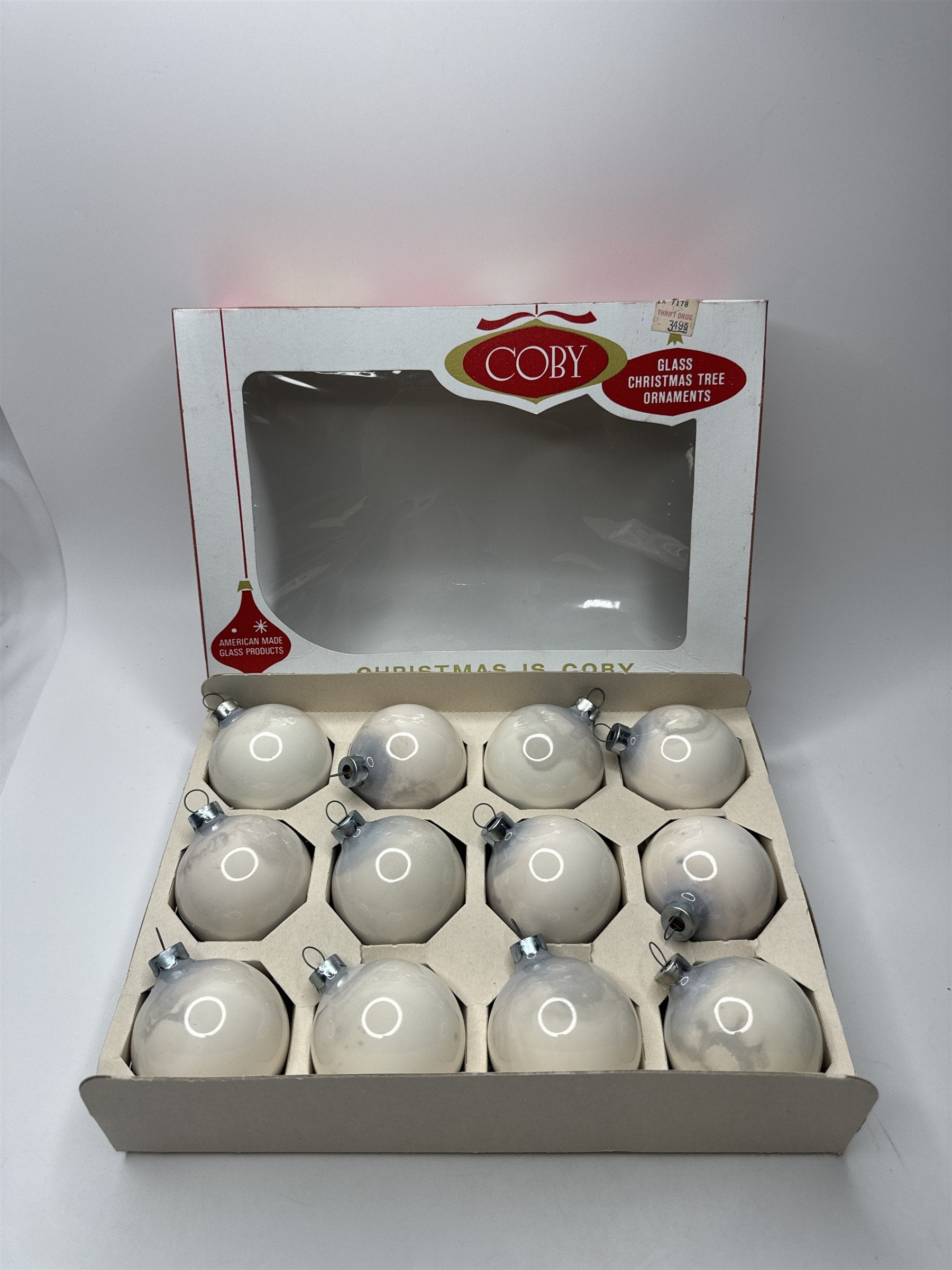 Vintage Coby Set 12 White & Gray Marbled Glass Circle Ornaments USA Box