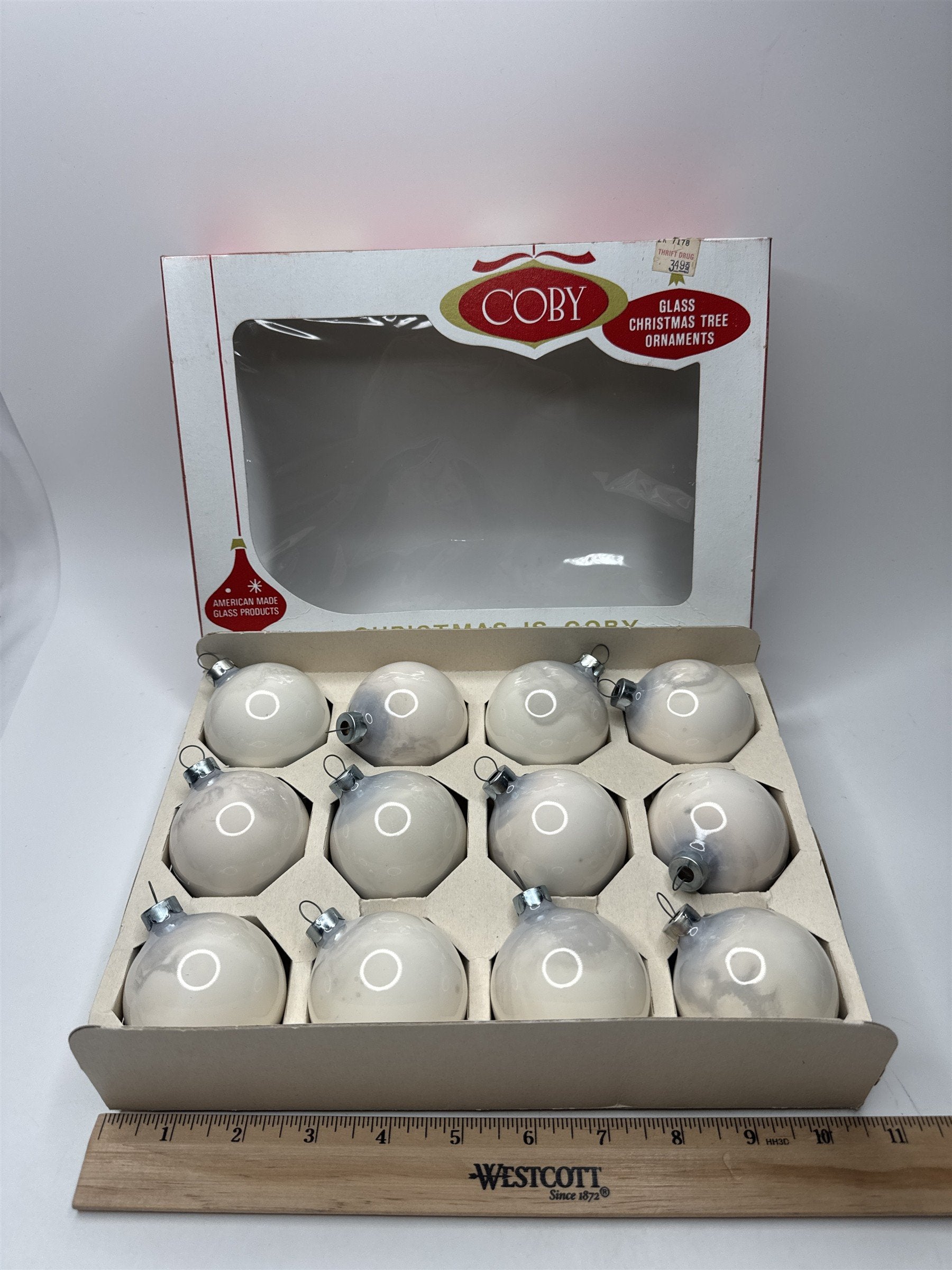 Vintage Coby Set 12 White & Gray Marbled Glass Circle Ornaments USA Box