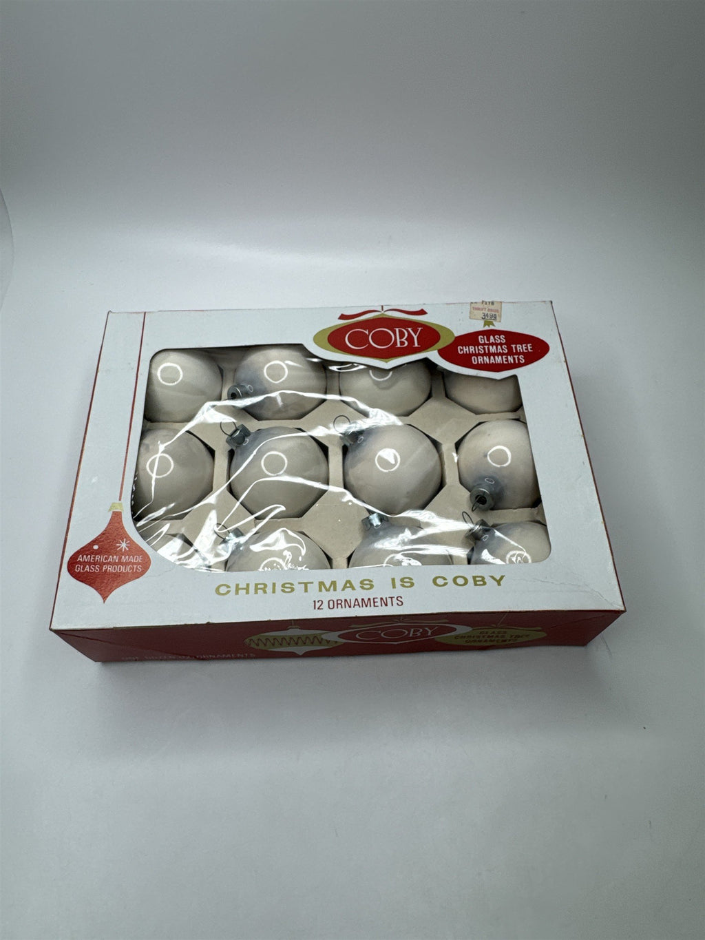 Vintage Coby Set 12 White & Gray Marbled Glass Circle Ornaments USA Box