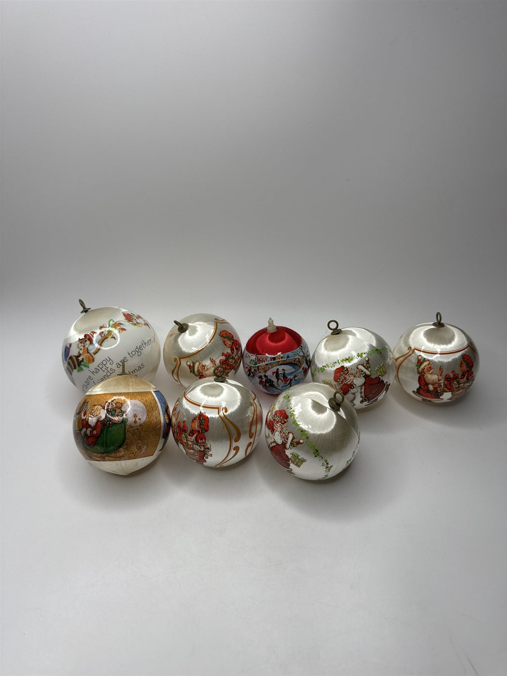 Lot 8 Vintage Satin Ball Ornaments Printed Decal Picture Santa Christmas Holiday