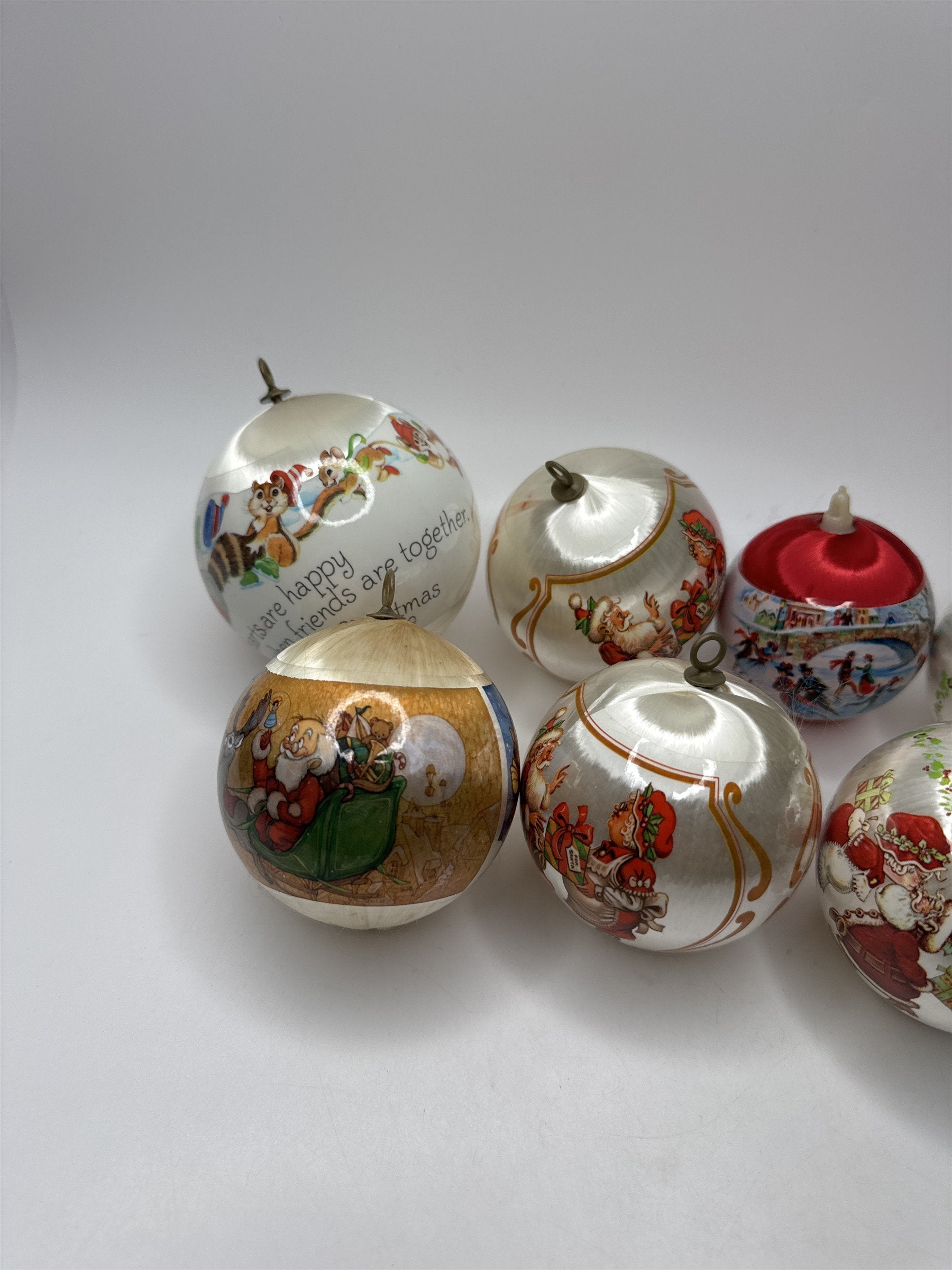 Lot 8 Vintage Satin Ball Ornaments Printed Decal Picture Santa Christmas Holiday