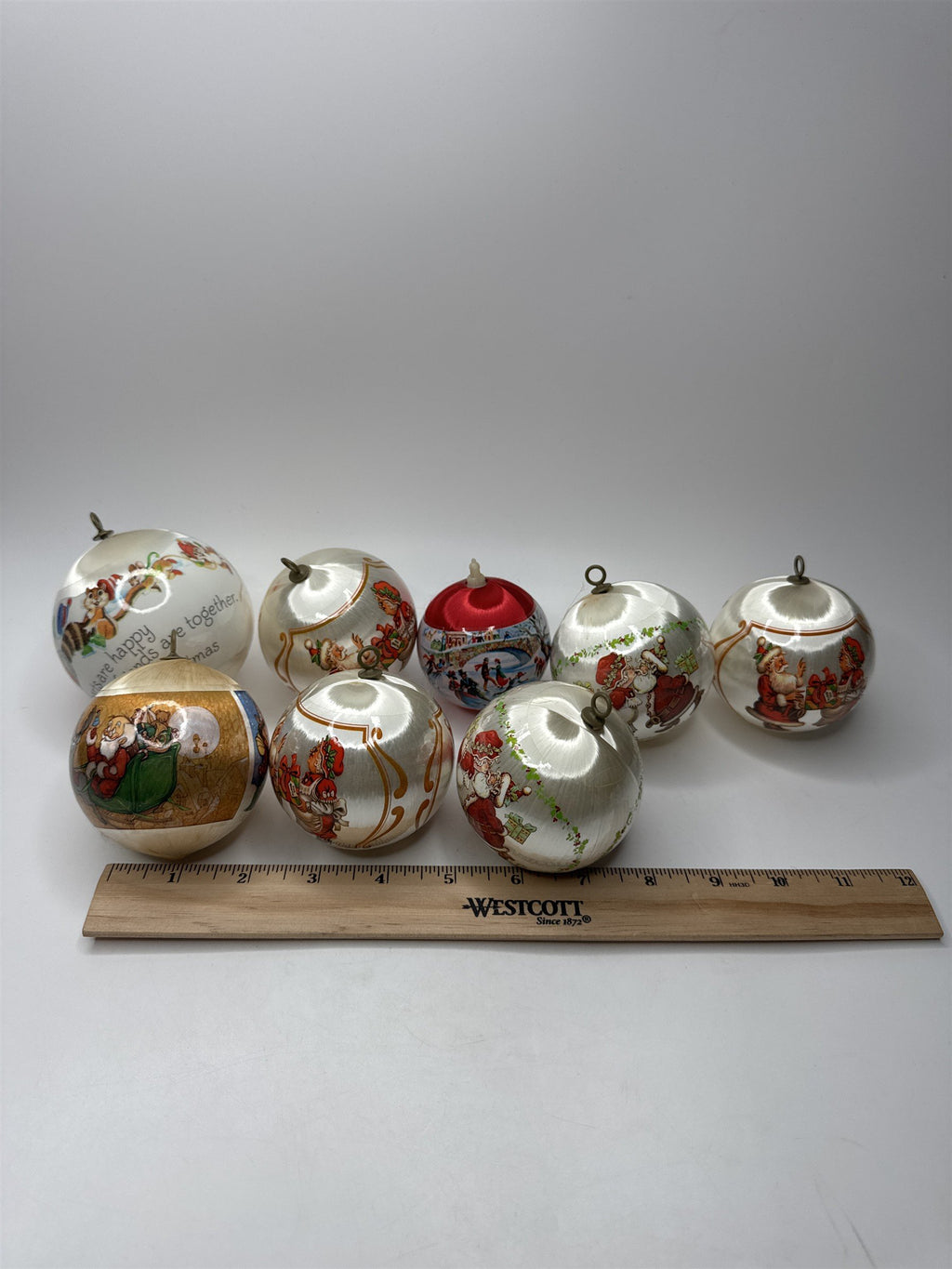 Lot 8 Vintage Satin Ball Ornaments Printed Decal Picture Santa Christmas Holiday