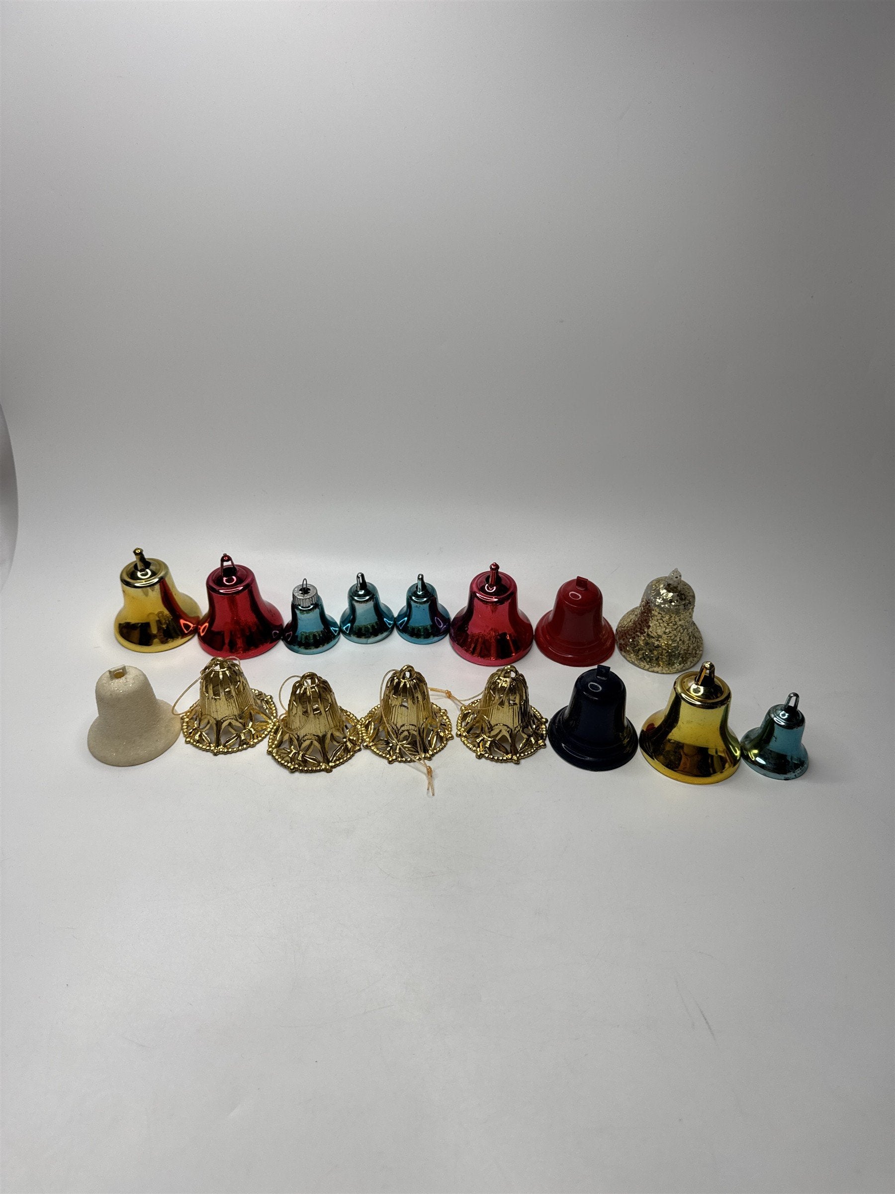 Lot 16 Vintage Multicolored Plastic Bell Ornaments Gold Red Blue Christmas Kitsc