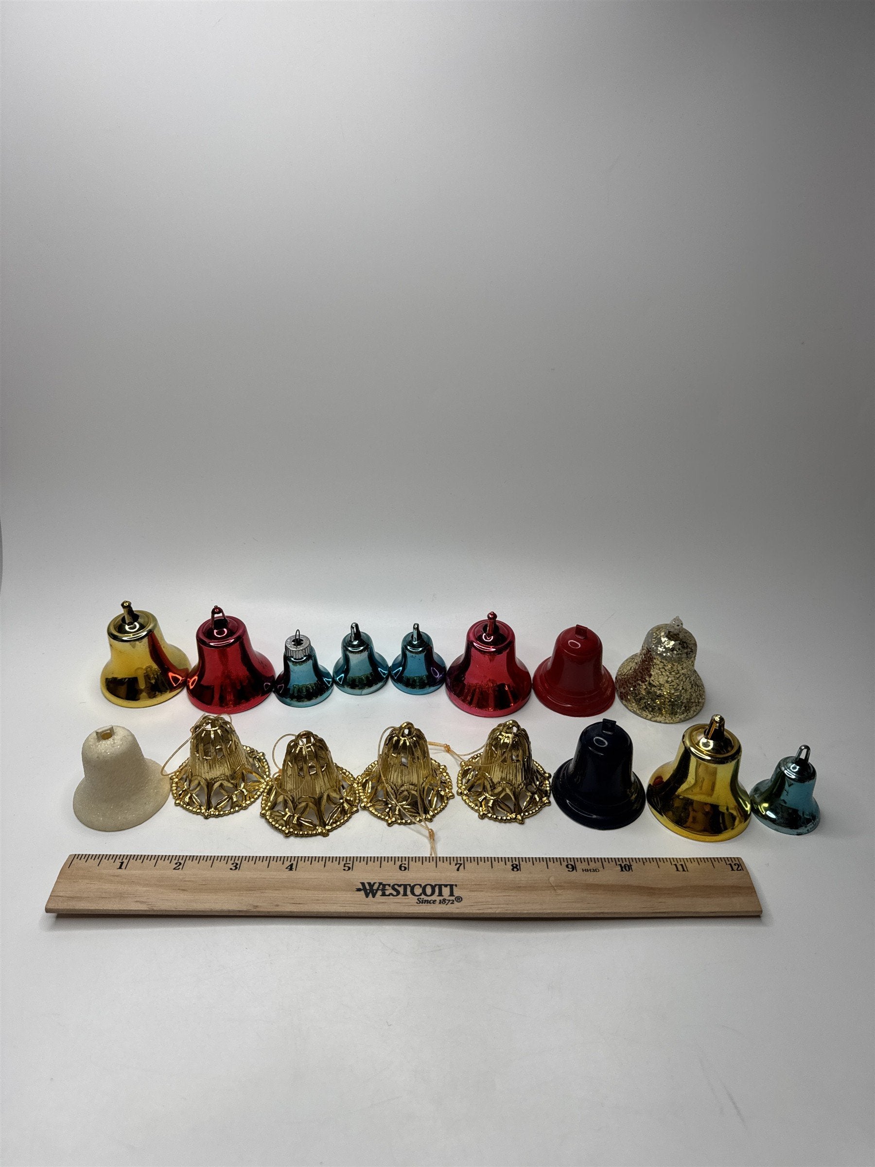 Lot 16 Vintage Multicolored Plastic Bell Ornaments Gold Red Blue Christmas Kitsc