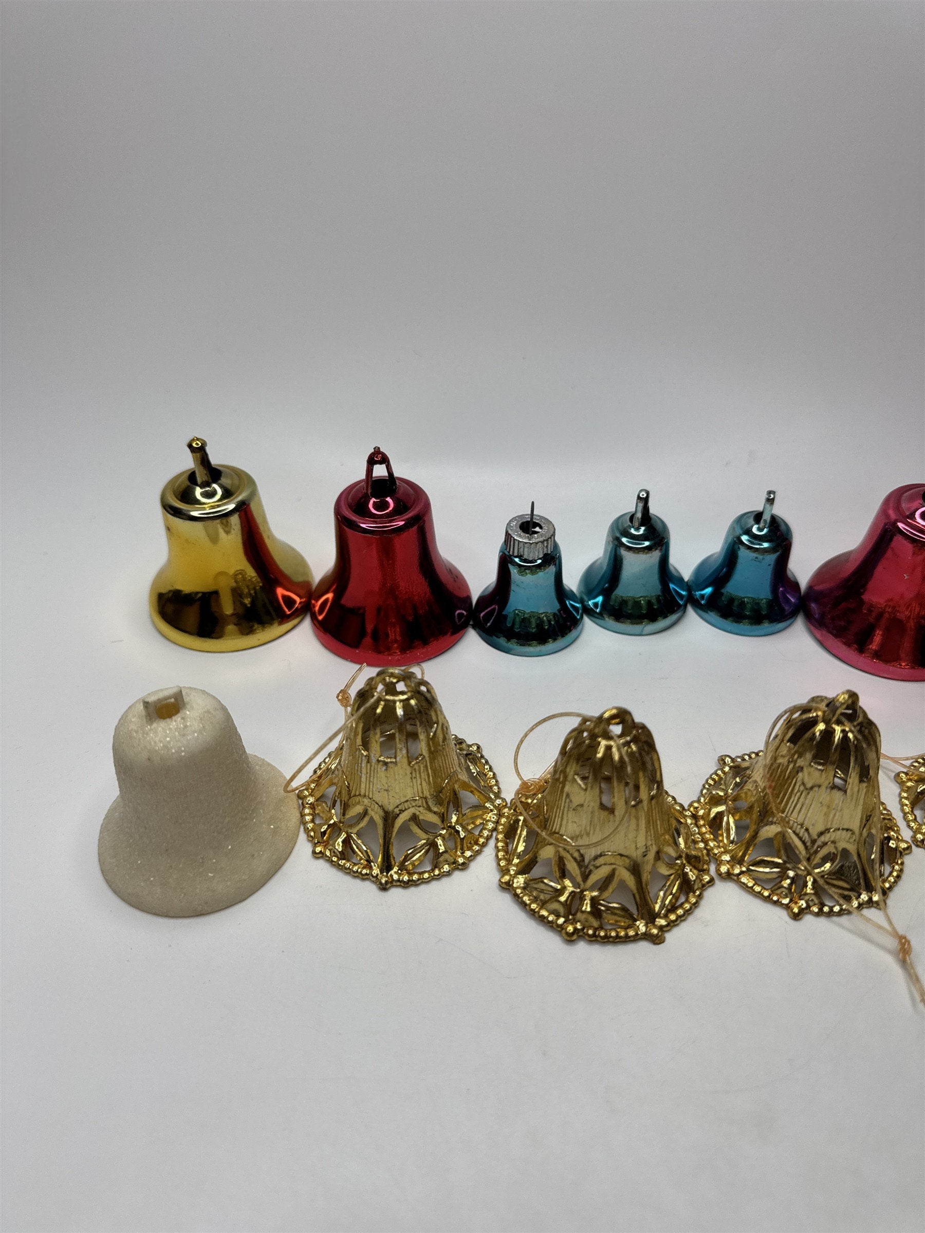Lot 16 Vintage Multicolored Plastic Bell Ornaments Gold Red Blue Christmas Kitsc
