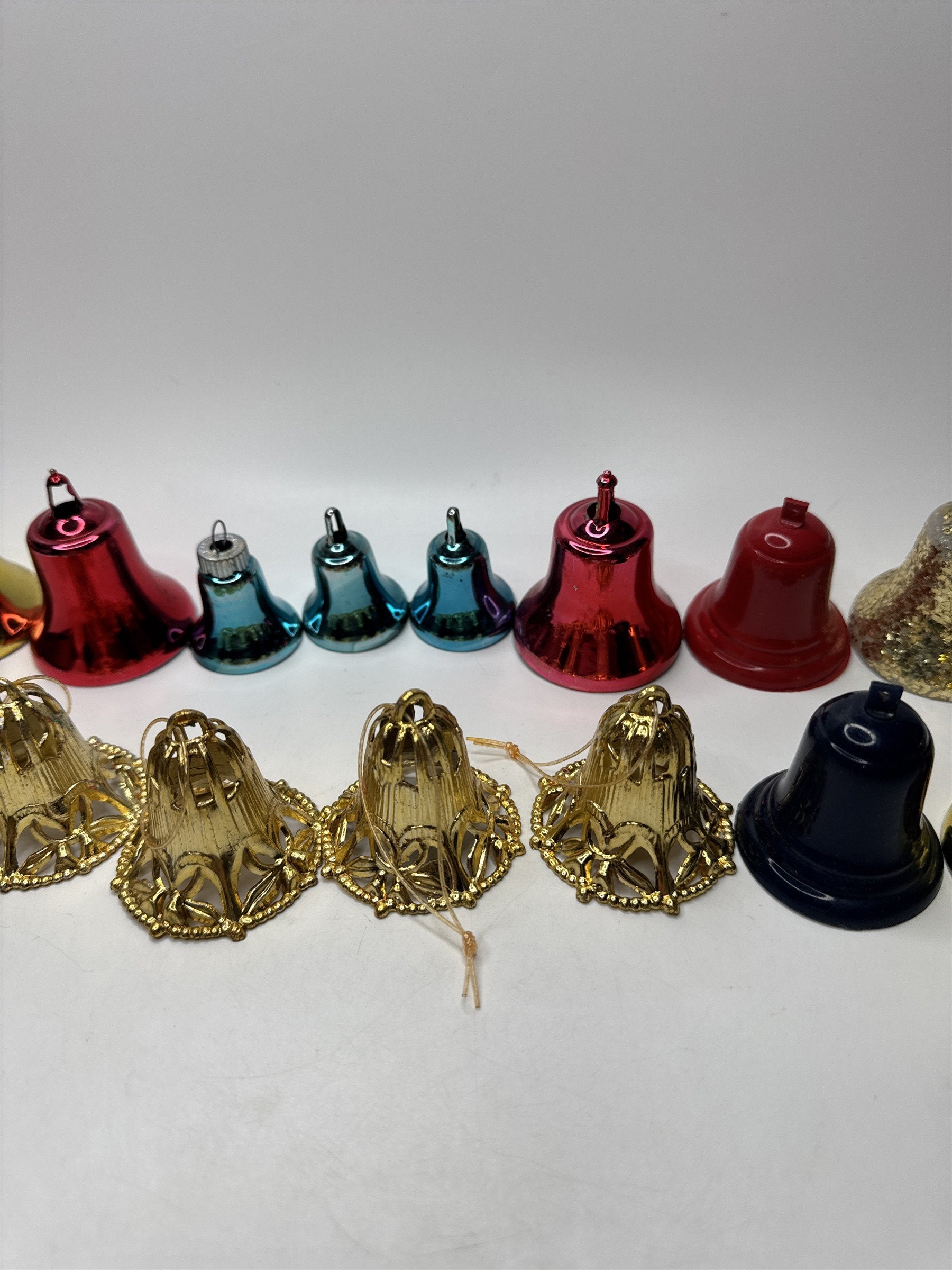 Lot 16 Vintage Multicolored Plastic Bell Ornaments Gold Red Blue Christmas Kitsc