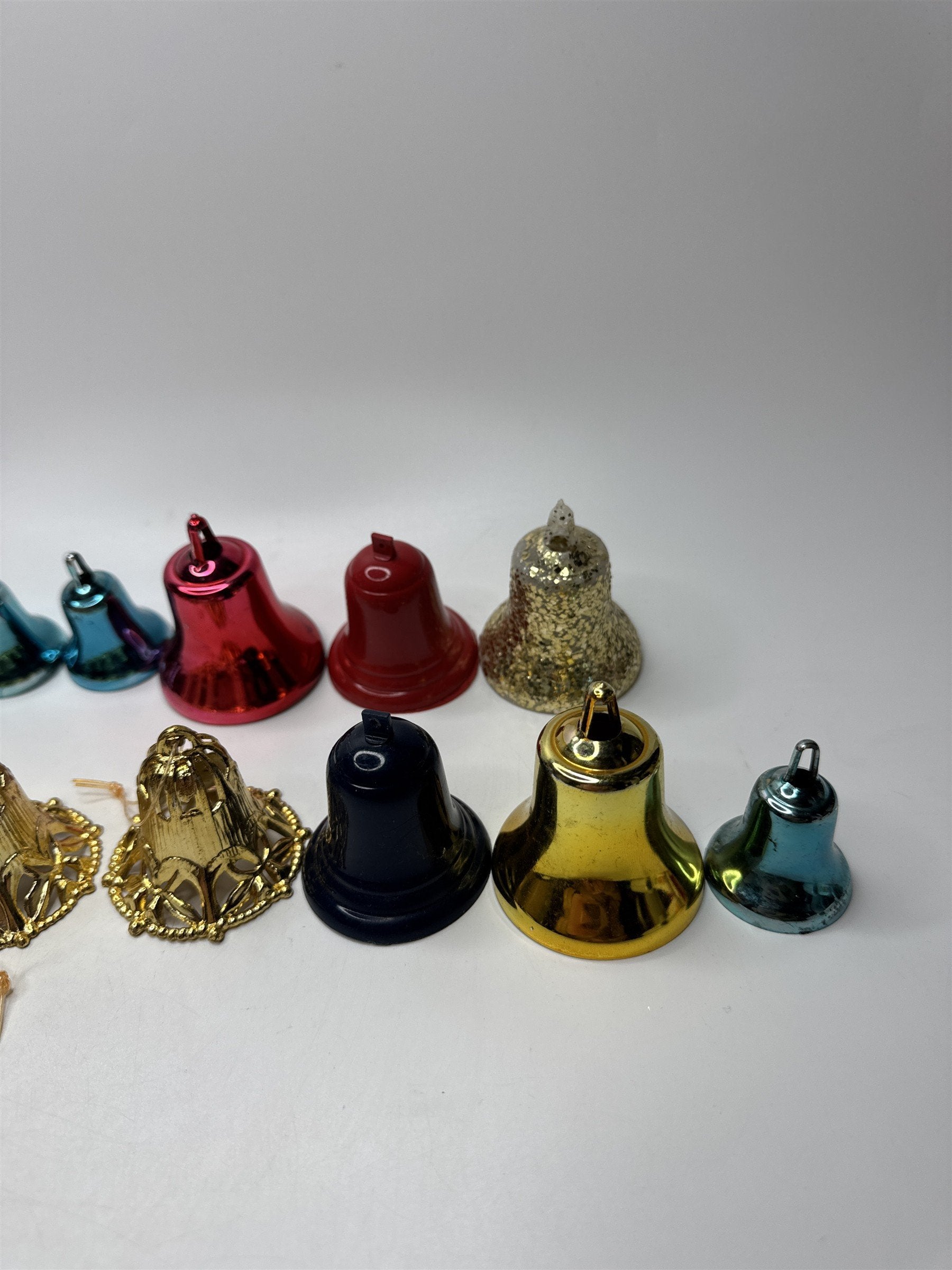 Lot 16 Vintage Multicolored Plastic Bell Ornaments Gold Red Blue Christmas Kitsc