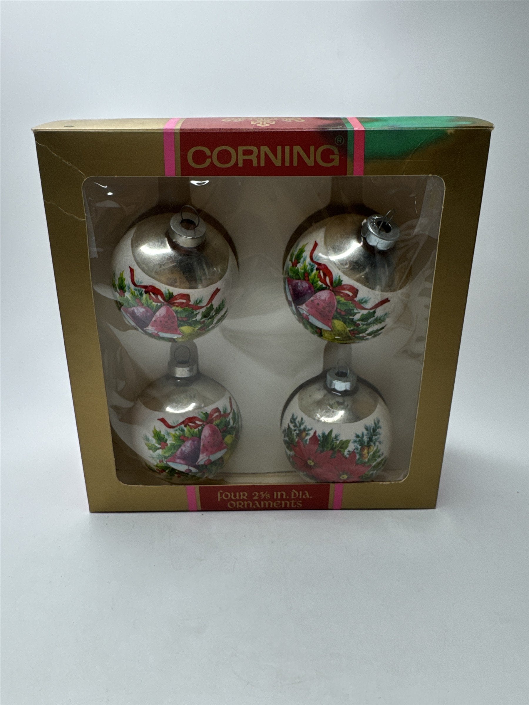 Vintage Corning Set 4 Glass Ball Ornaments Poinsettia Bells Decal 2 5/8" Box