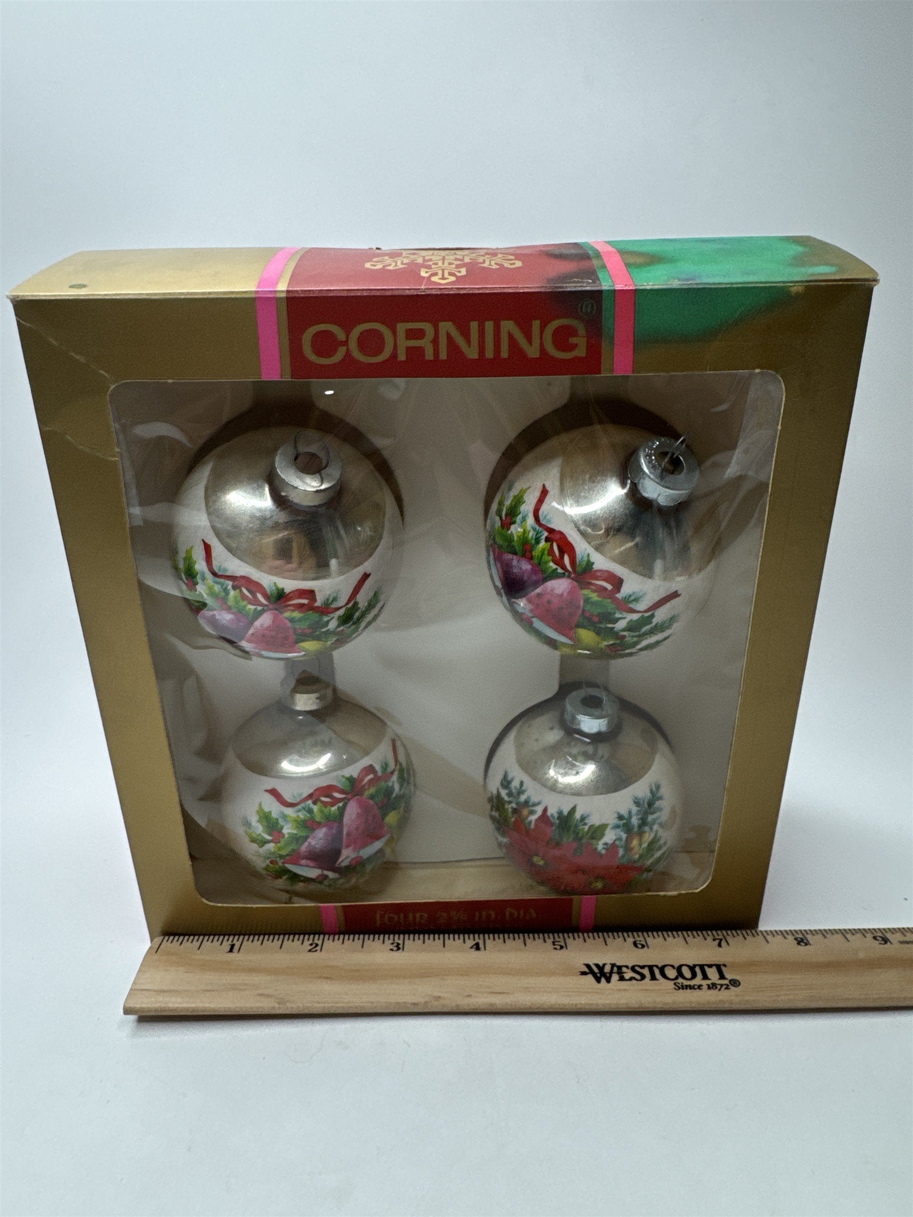 Vintage Corning Set 4 Glass Ball Ornaments Poinsettia Bells Decal 2 5/8" Box