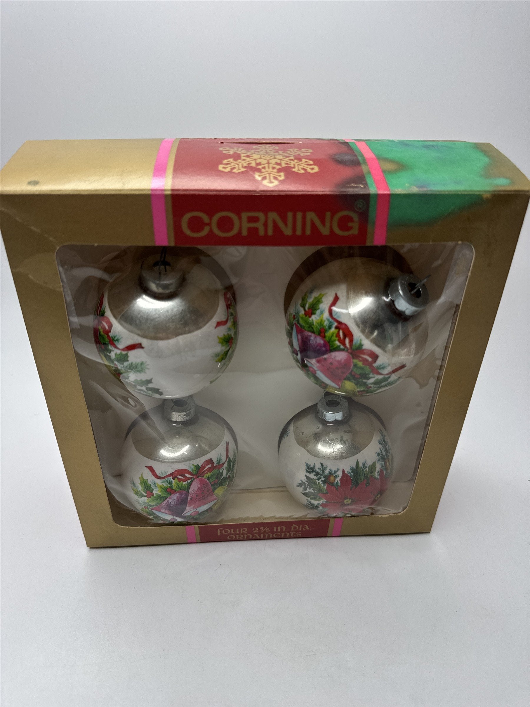 Vintage Corning Set 4 Glass Ball Ornaments Poinsettia Bells Decal 2 5/8" Box