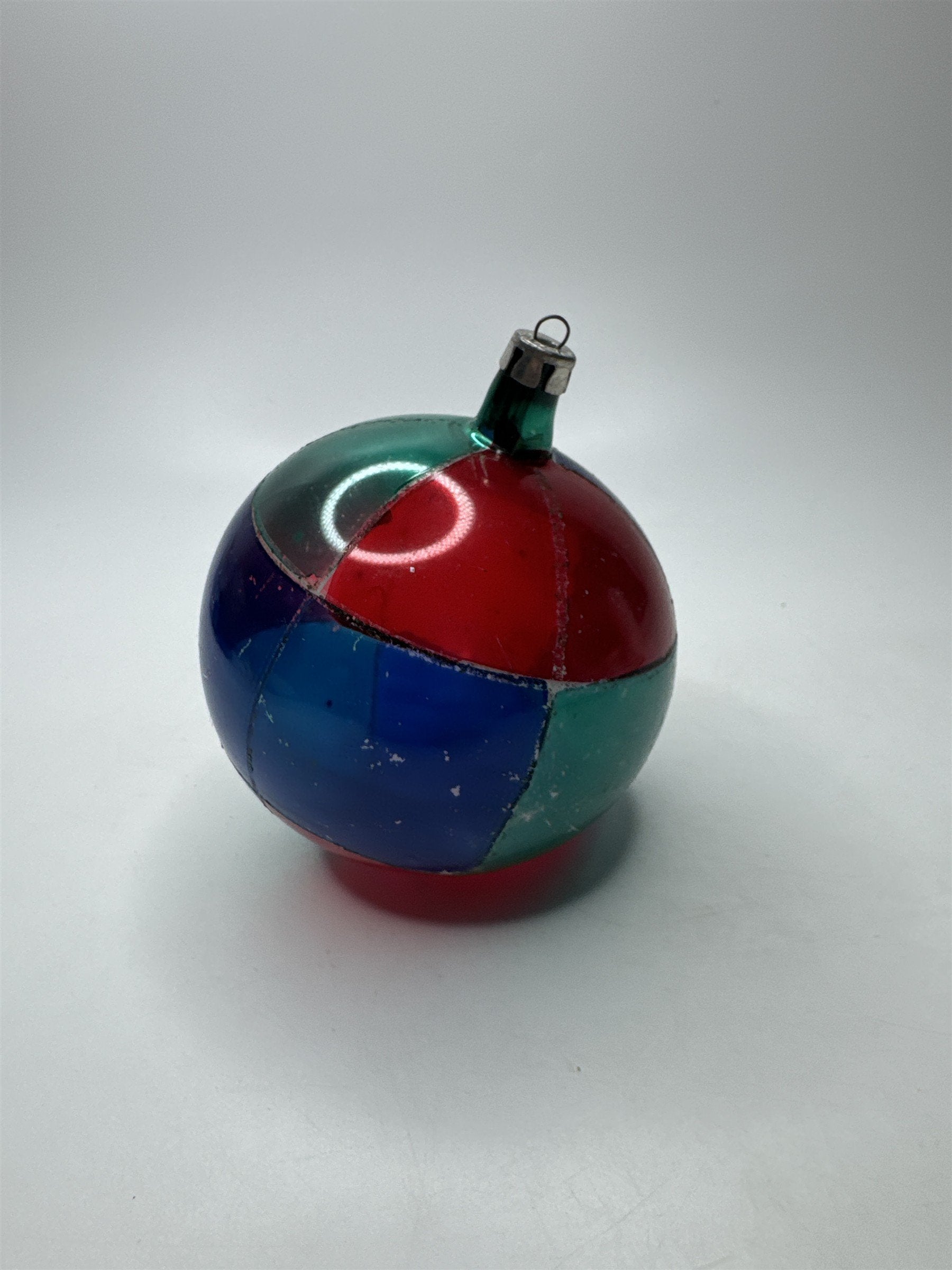 Vintage Poland 3.5" Glass Ornament Multicolored Patchwork Geometric Folk Art