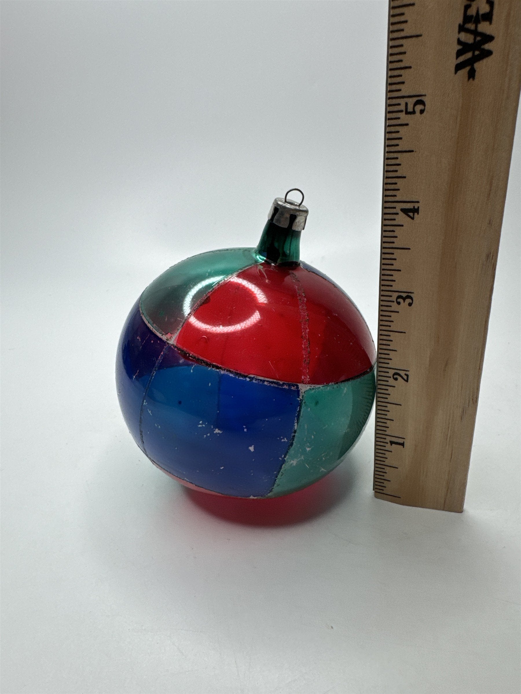 Vintage Poland 3.5" Glass Ornament Multicolored Patchwork Geometric Folk Art
