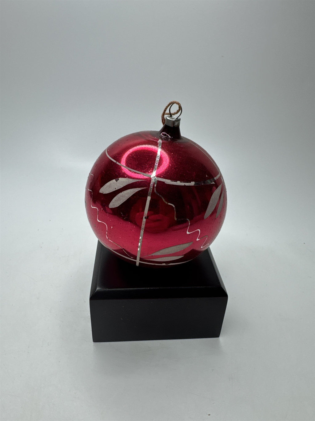 Vintage Germany Red Glass Ornament Etched Scroll Stenciled Christmas Folk Art