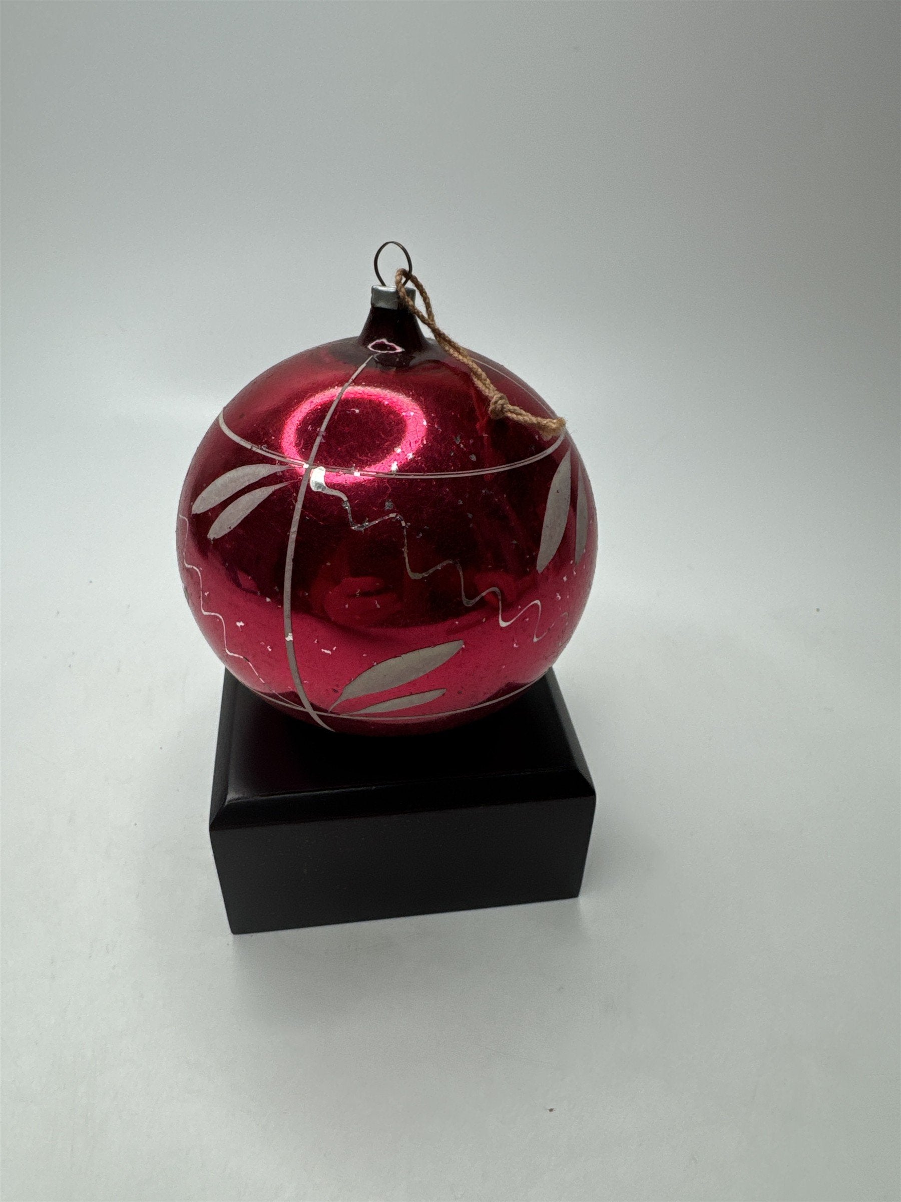 Vintage Germany Red Glass Ornament Etched Scroll Stenciled Christmas Folk Art