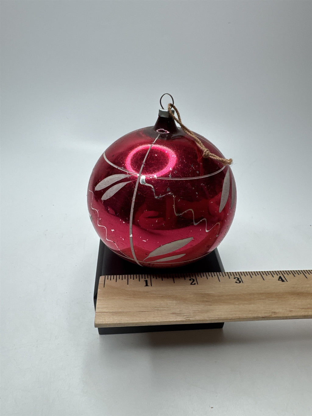 Vintage Germany Red Glass Ornament Etched Scroll Stenciled Christmas Folk Art