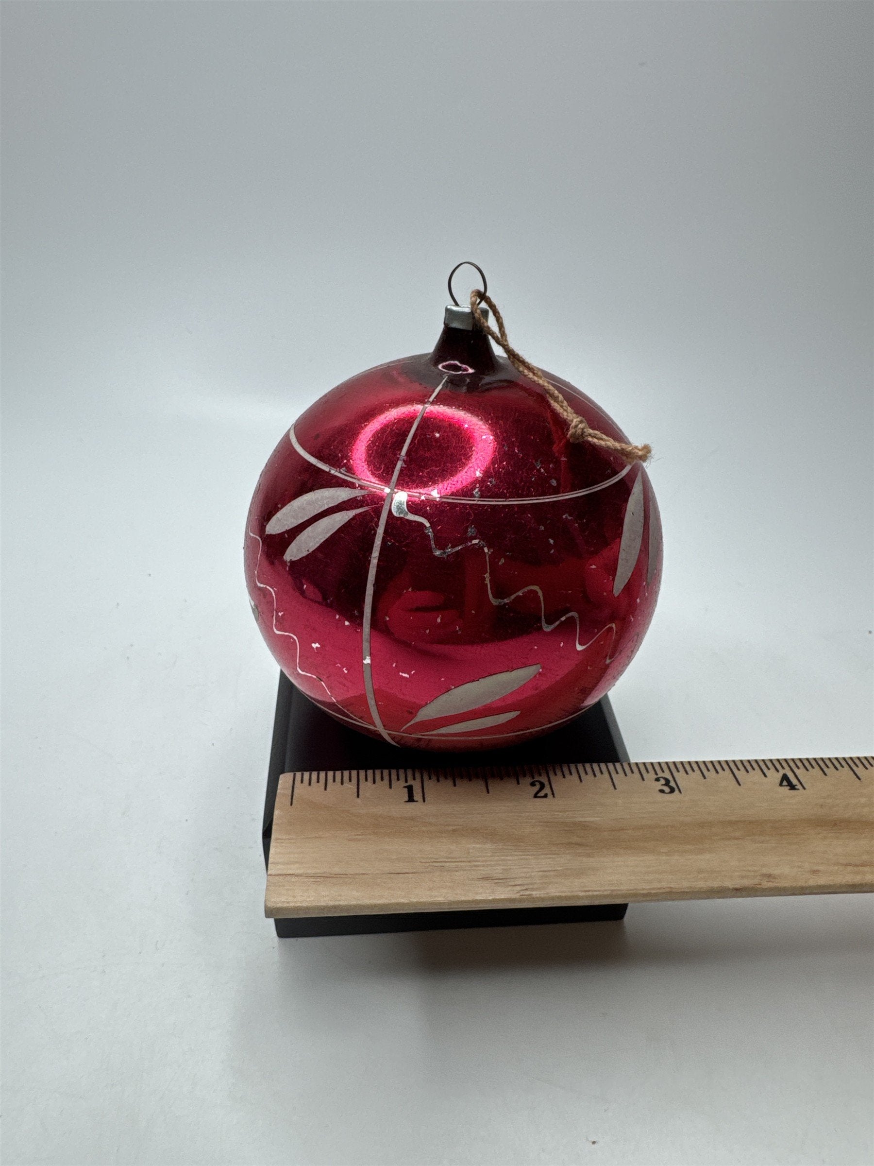 Vintage Germany Red Glass Ornament Etched Scroll Stenciled Christmas Folk Art
