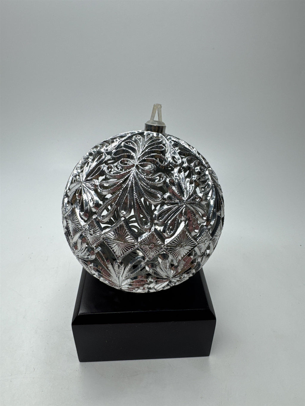 Vintage Silver Plastic Ornament Filigree Embossed 3D Ball Christmas Kitsch Retro