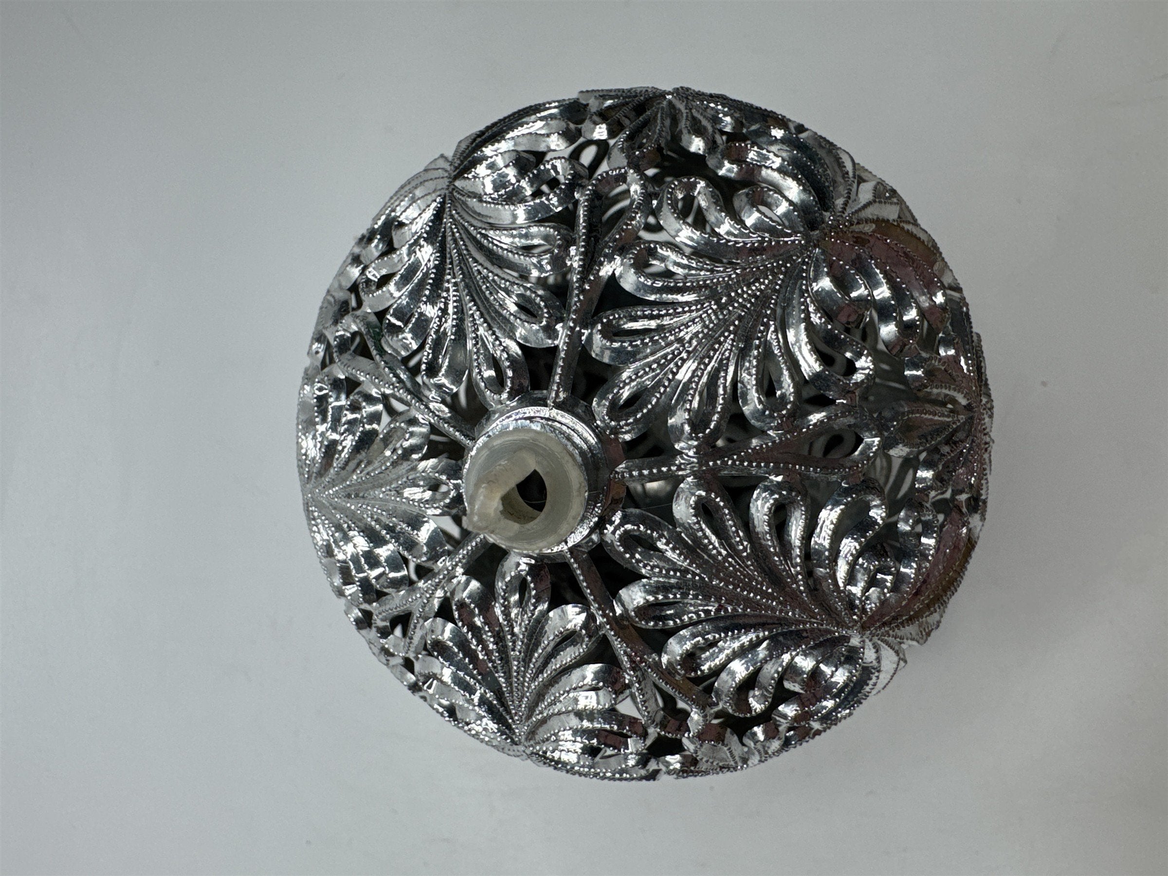 Vintage Silver Plastic Ornament Filigree Embossed 3D Ball Christmas Kitsch Retro