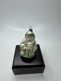 Vintage Blown Glass Santa Ornament Figural Kugel Green Glitter *Cracked Top*