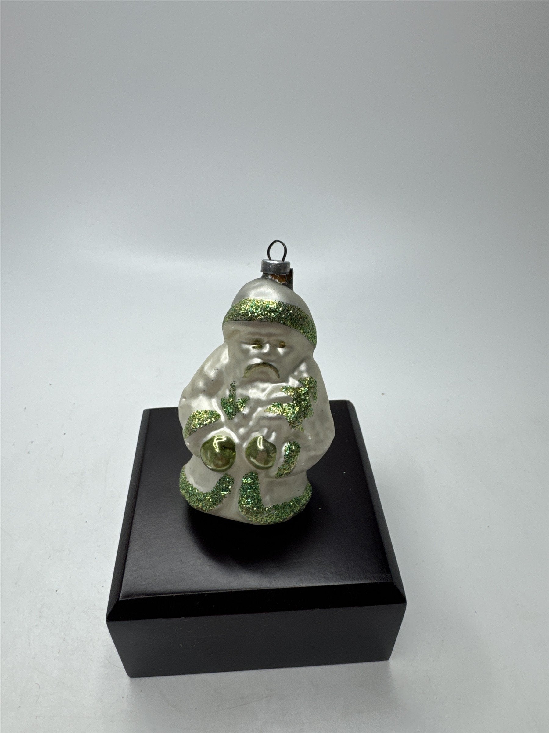 Vintage Blown Glass Santa Ornament Figural Kugel Green Glitter *Cracked Top*