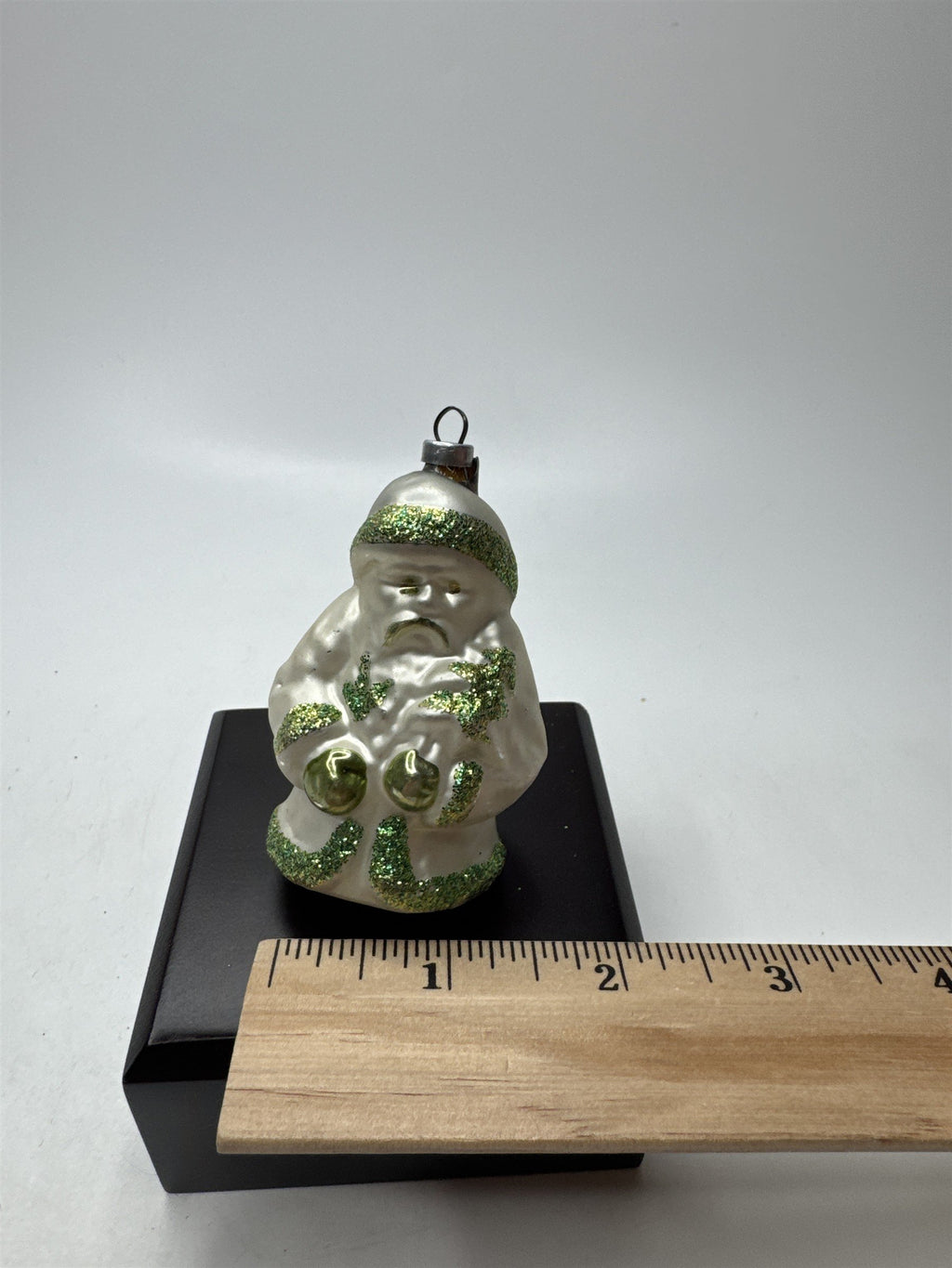 Vintage Blown Glass Santa Ornament Figural Kugel Green Glitter *Cracked Top*